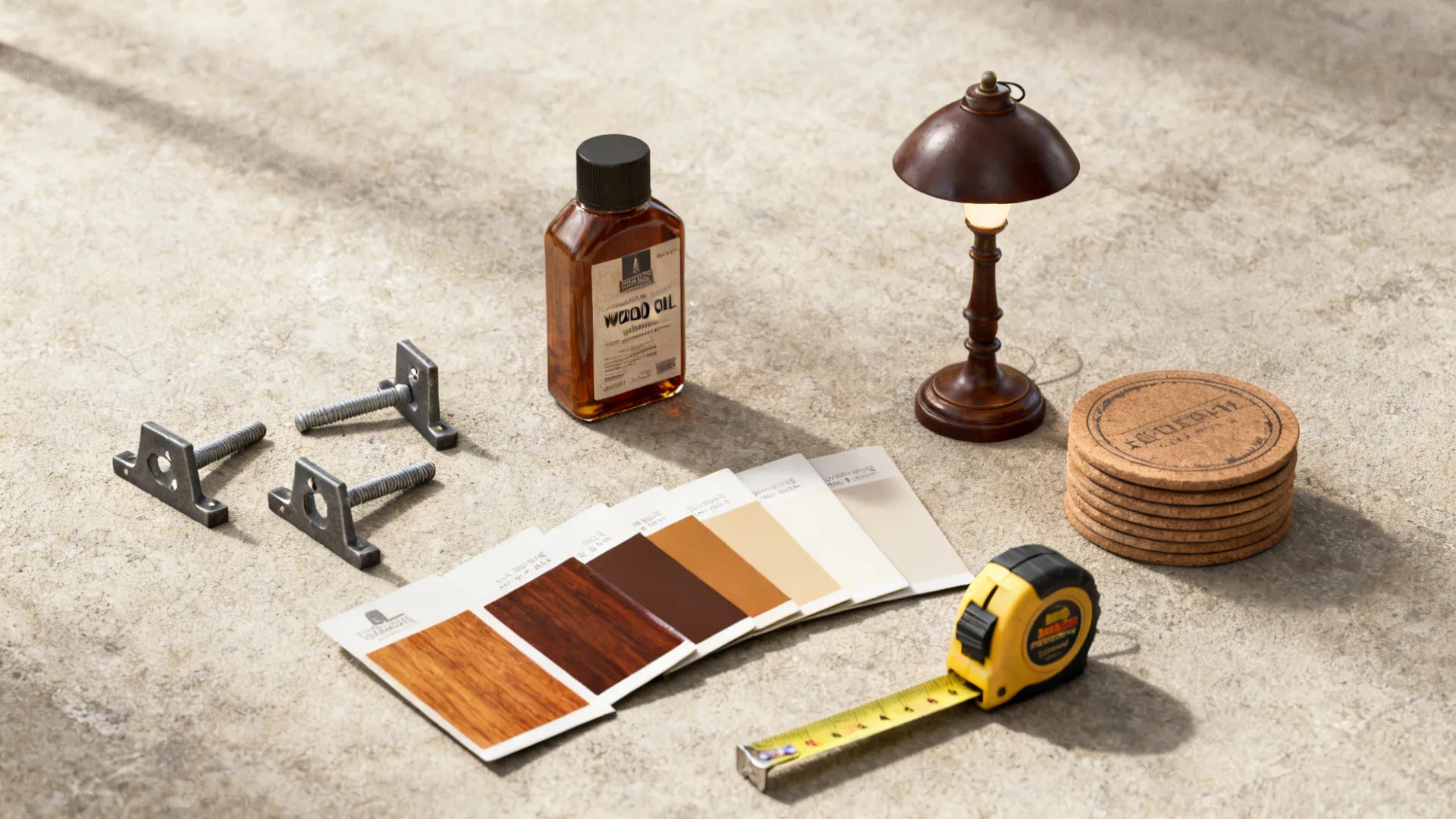 Flat lay showing wood oil tape measure color samples and small tools for home projects