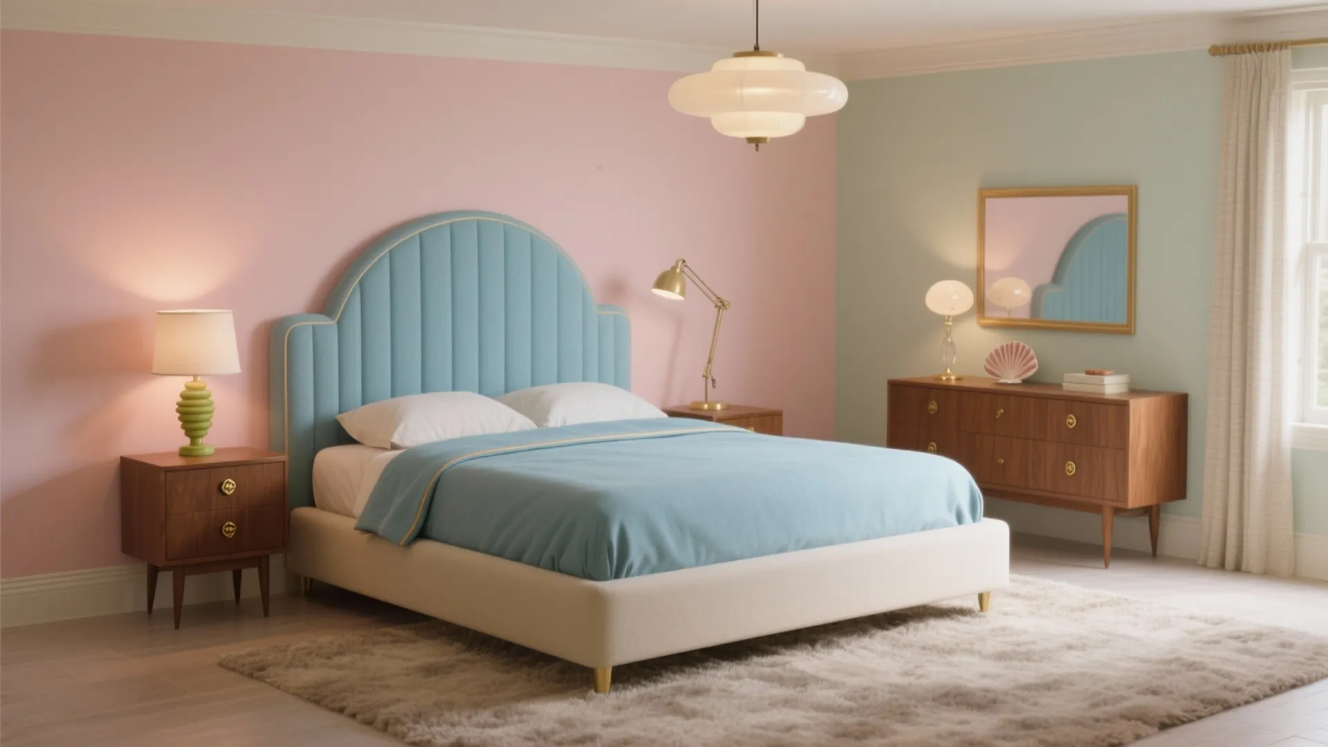 Retro bedroom with pink walls blue headboard wooden bedside tables lamps a rug and ceiling light
