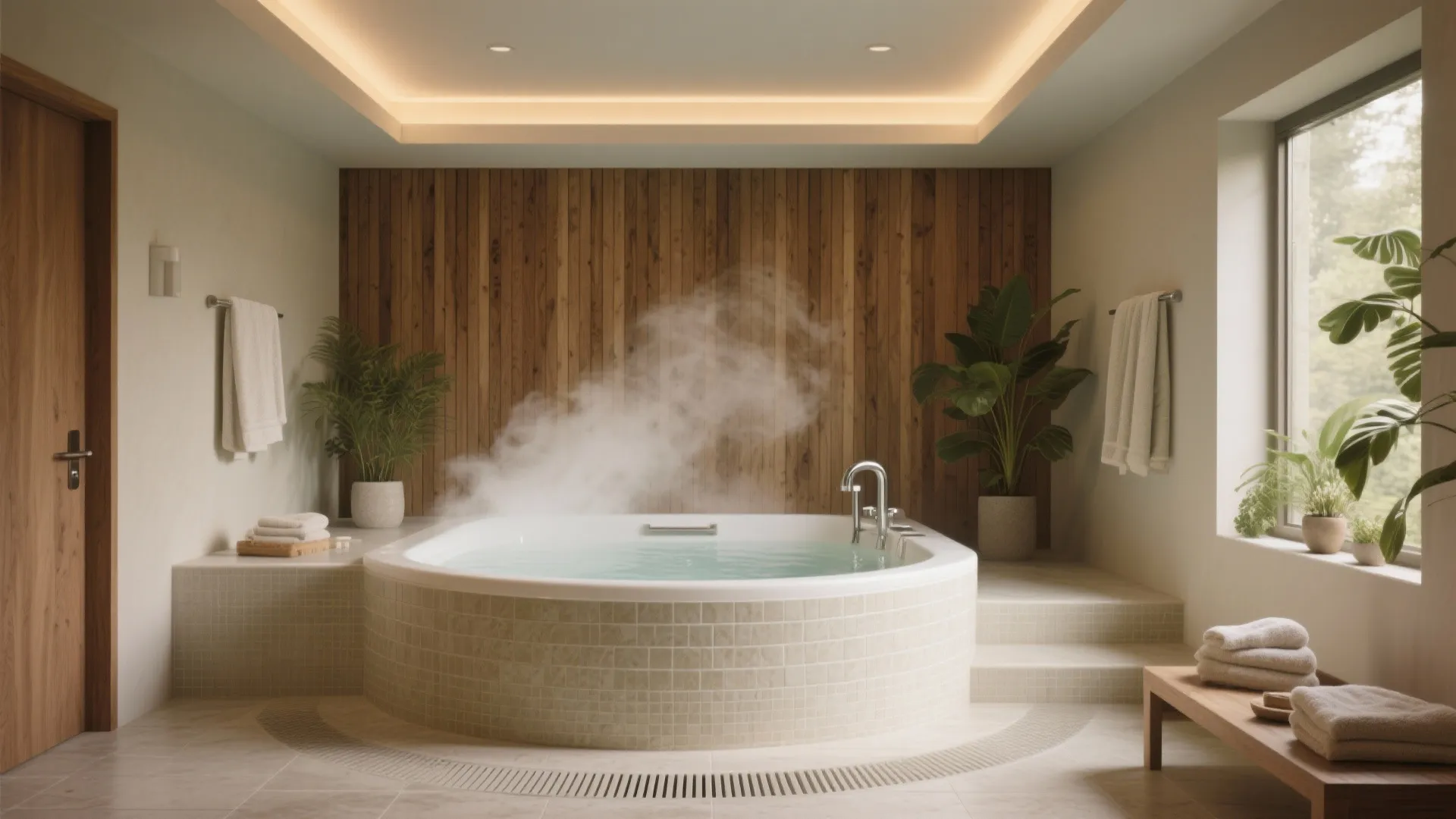 Modern bathroom with hot tub steaming water wood wall panels green plants and soft ceiling lights