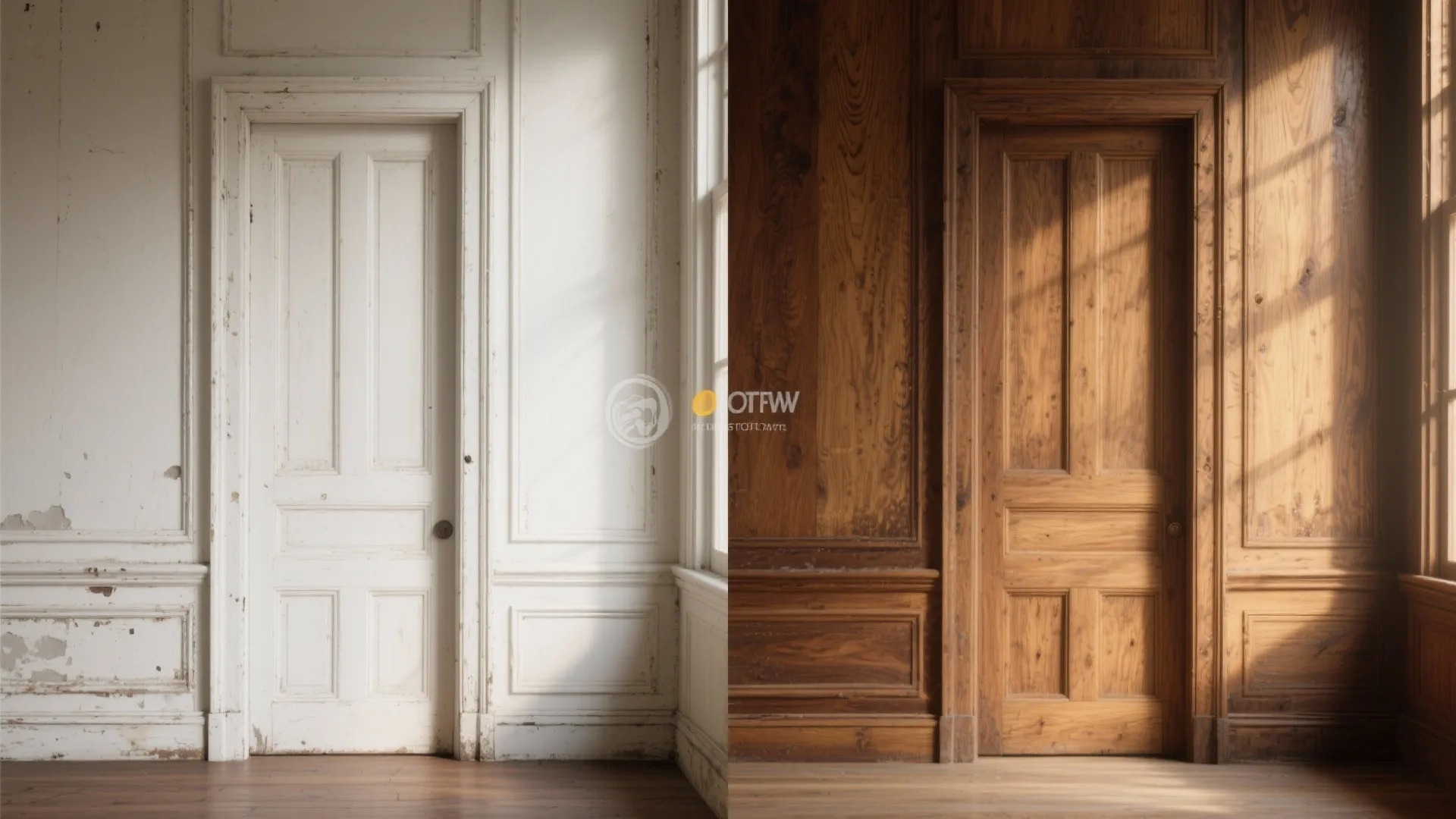 Before-and-after view of door trim: painted white on one side and restored stained oak on the other showing rich grain.