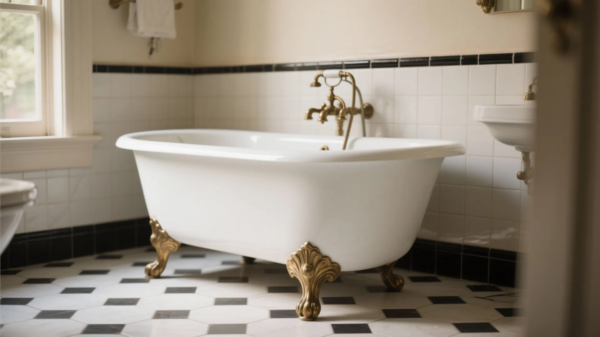 White bathtub with gold legs and gold faucet on black and white checkered floor tiles