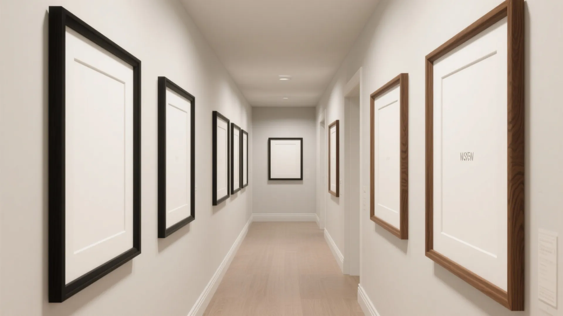 Long white hallway with many large black and wooden picture frames hanging on the walls