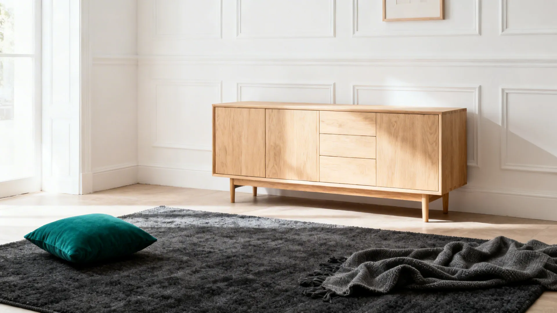 Small living room in warm whites and pale wood with one emerald cushion accent.