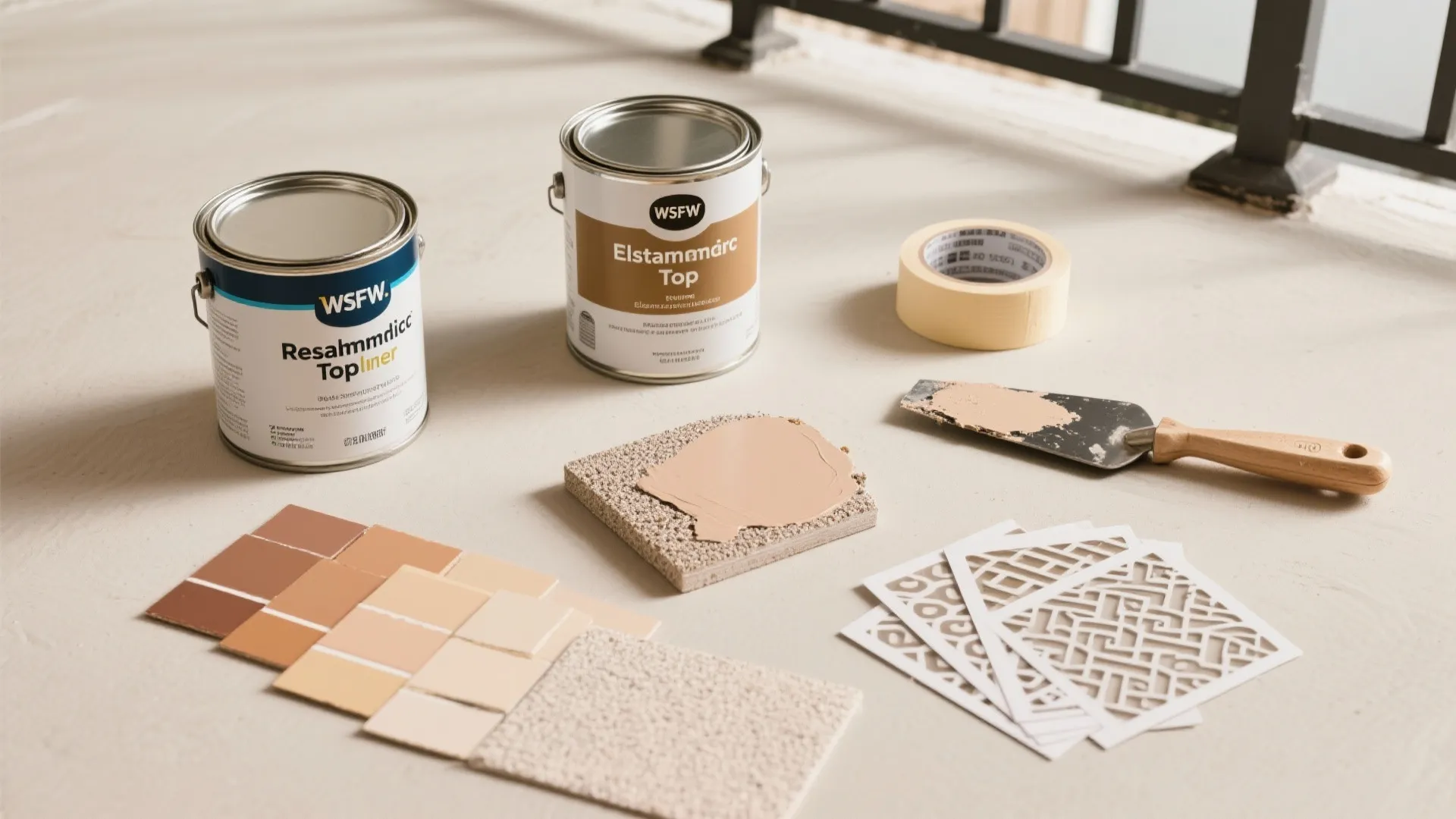 Home renovation tools including paint cans color samples tape and a small tool on floor