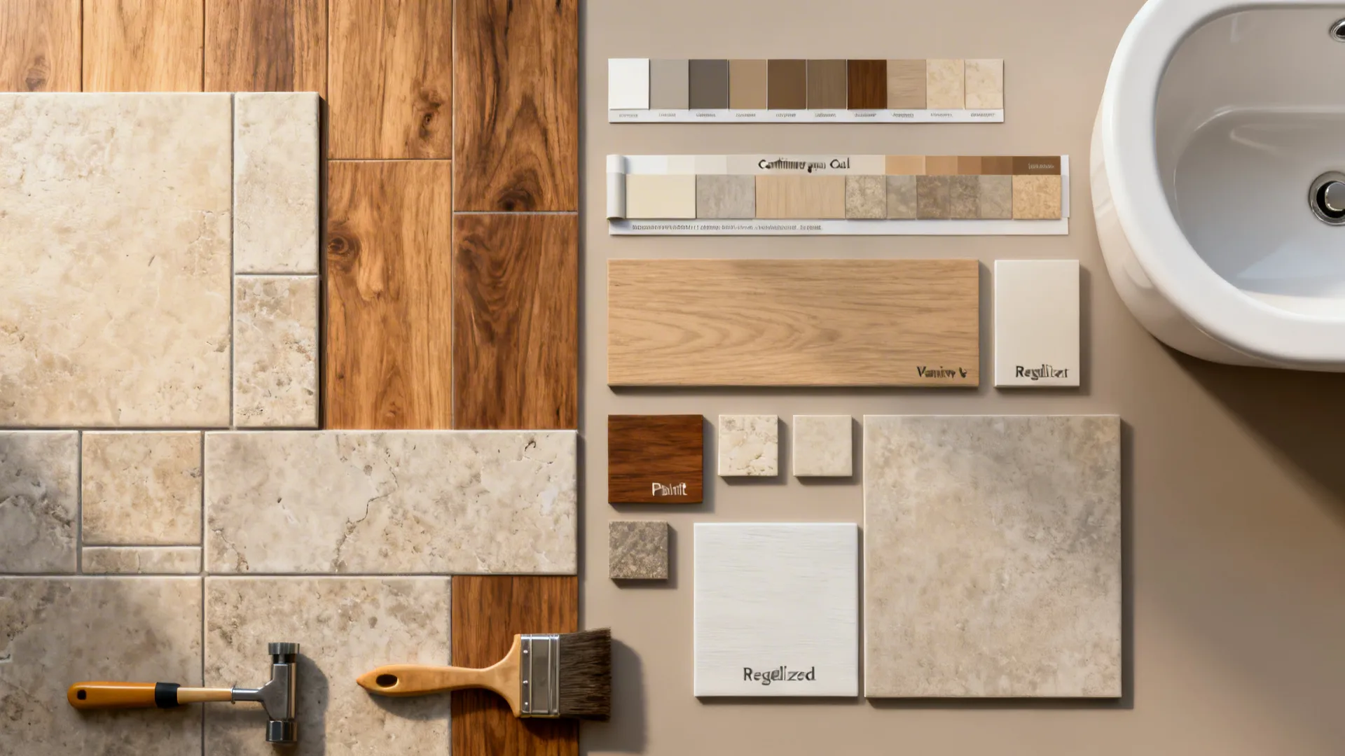 Flatlay of tile samples, paint swatches and reglazing samples for budget resurfacing options