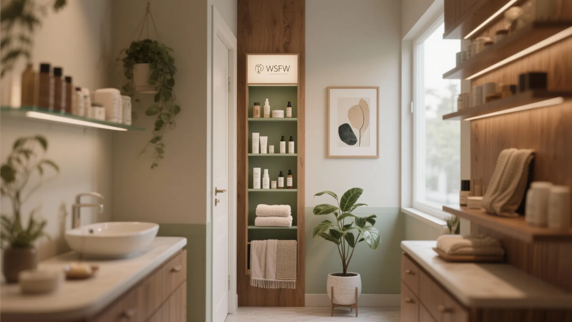 Interior shop design with green wall panels wooden shelves white sink and various beauty product bottles
