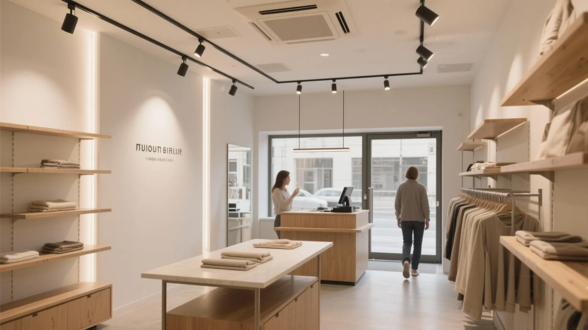 Modern clothing store interior with wooden shelves ceiling lights cashier desk and two people shopping