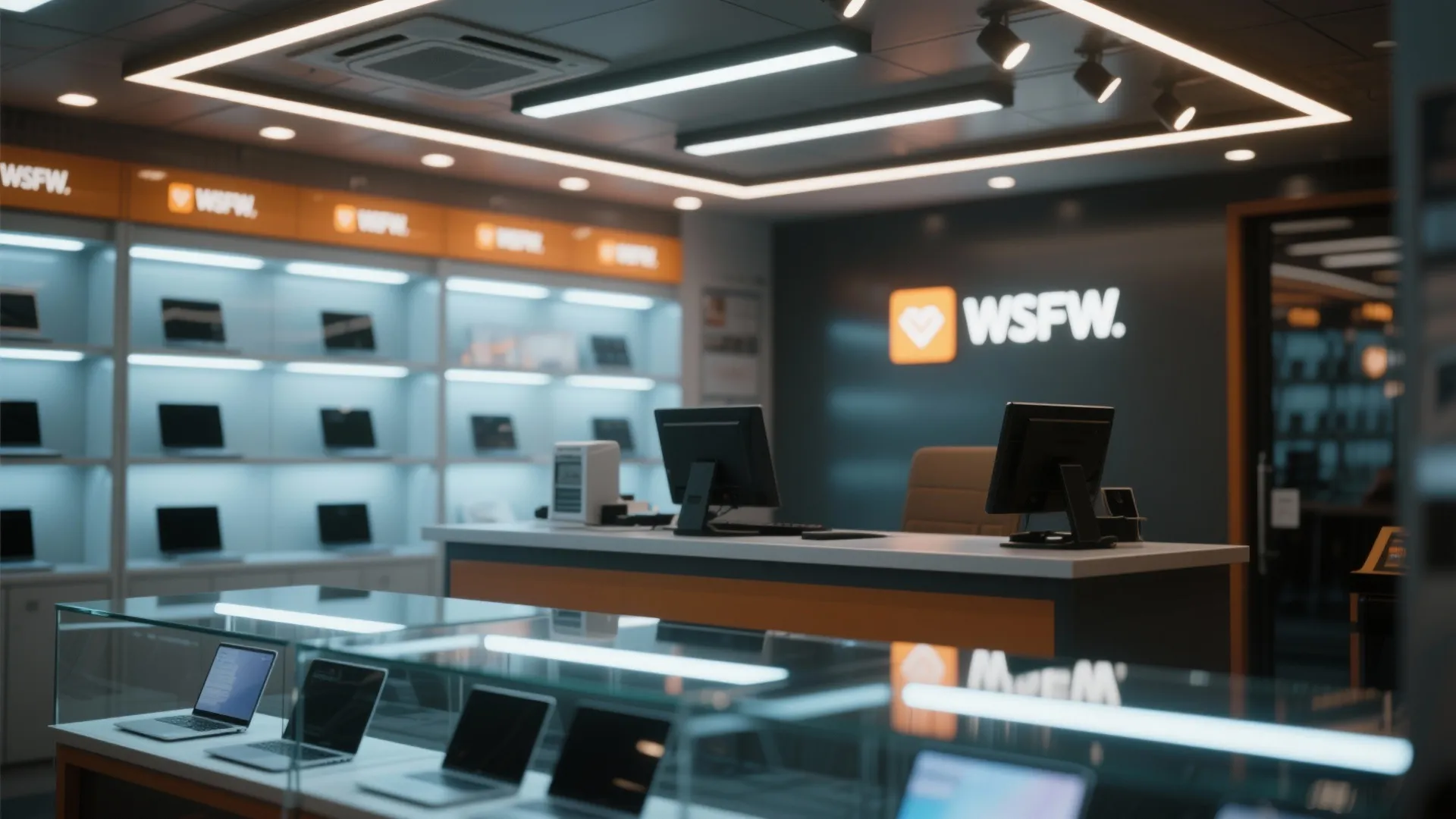 Bright tech store display area with glass cases laptops service desk wall signs and square lights