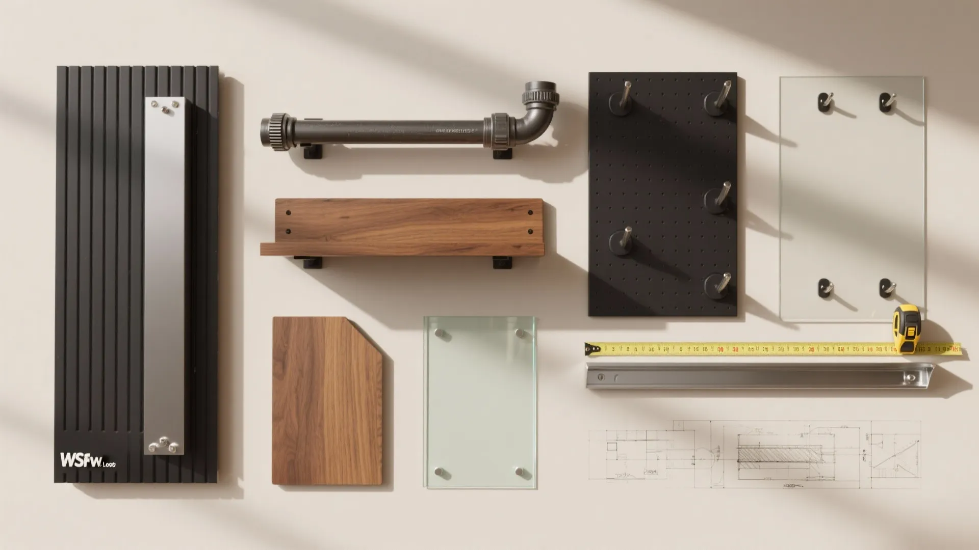 Collection of retail display materials including wood panels, glass shelves, black pegboard, and measuring tape
