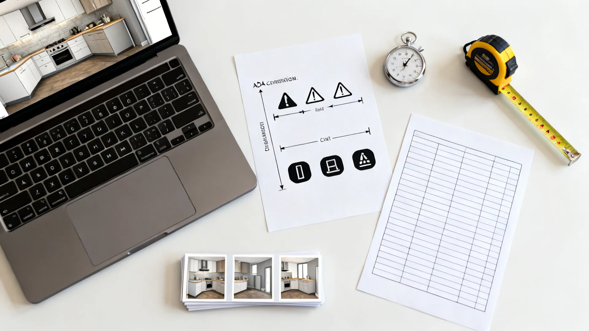 Top-down view of a laptop layout, clearance diagram icons, cut list grid, and stopwatch for retail speed.