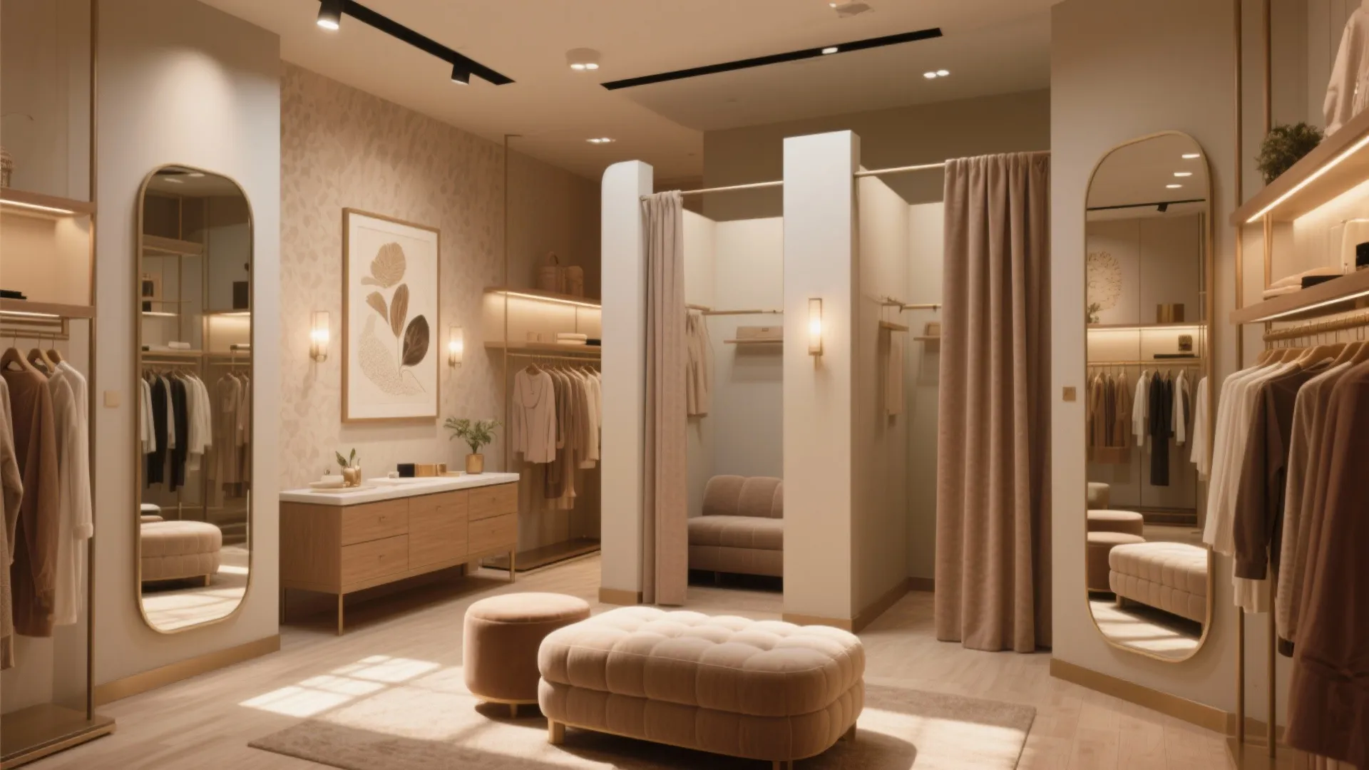Elegant retail store dressing area featuring large mirrors wooden cabinet pink footrest and warm wall light