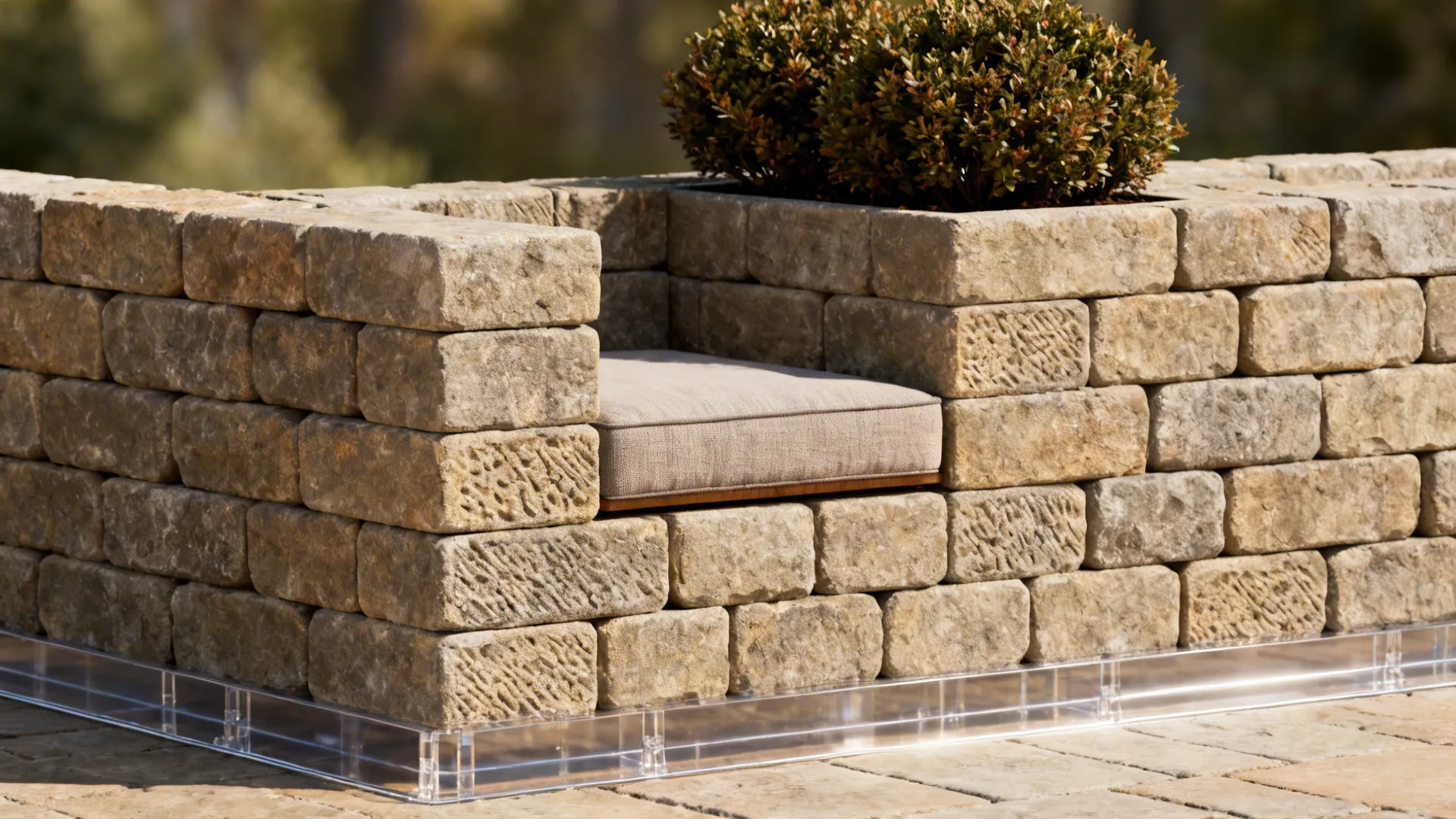 Short retaining wall with integrated bench and planter using stone-look blocks on a slope.