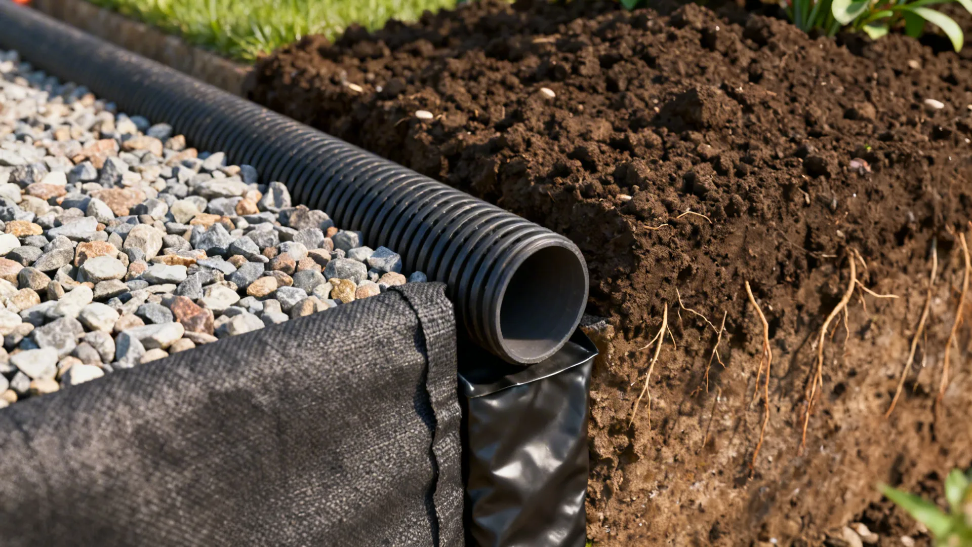 Macro detail showing drainage layer, perforated pipe and root barrier behind a retaining wall.