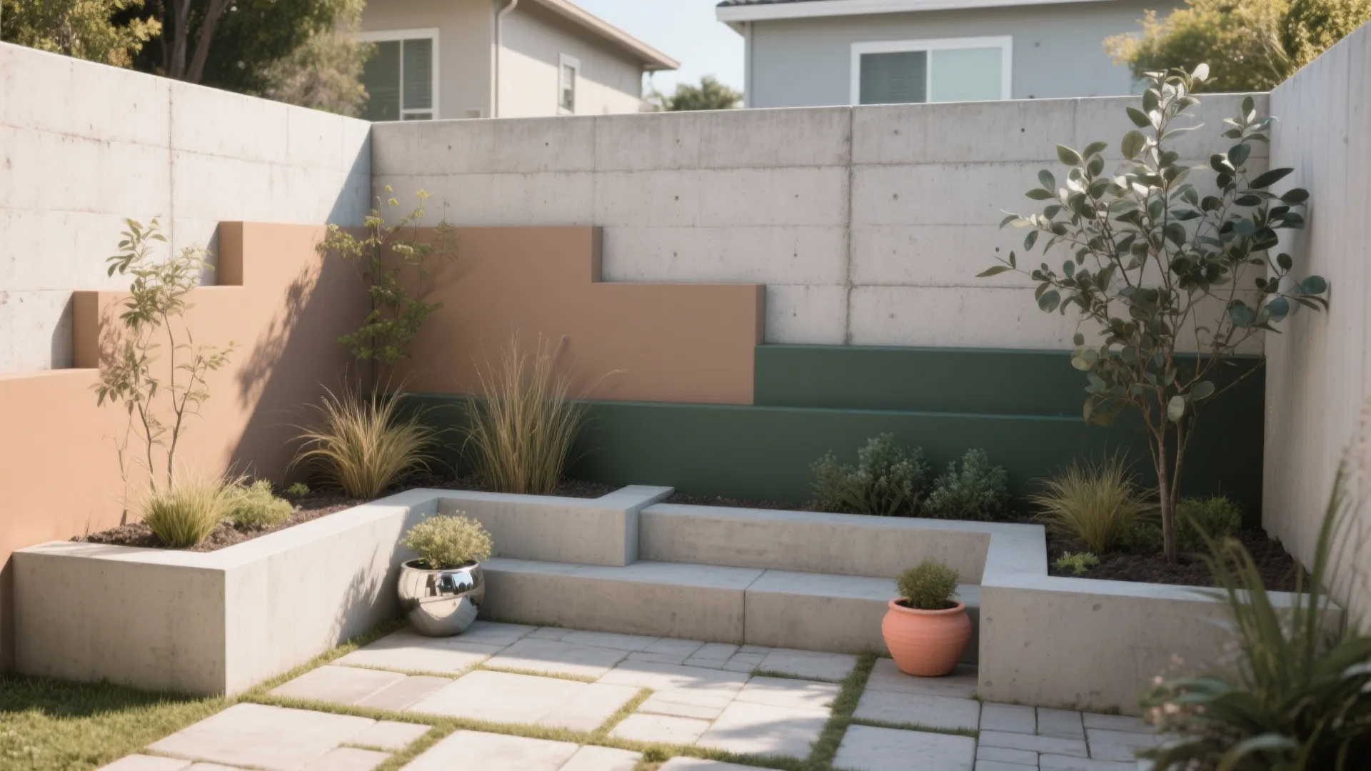 Modern backyard with concrete retaining wall featuring orange and green painted sections and small green plants