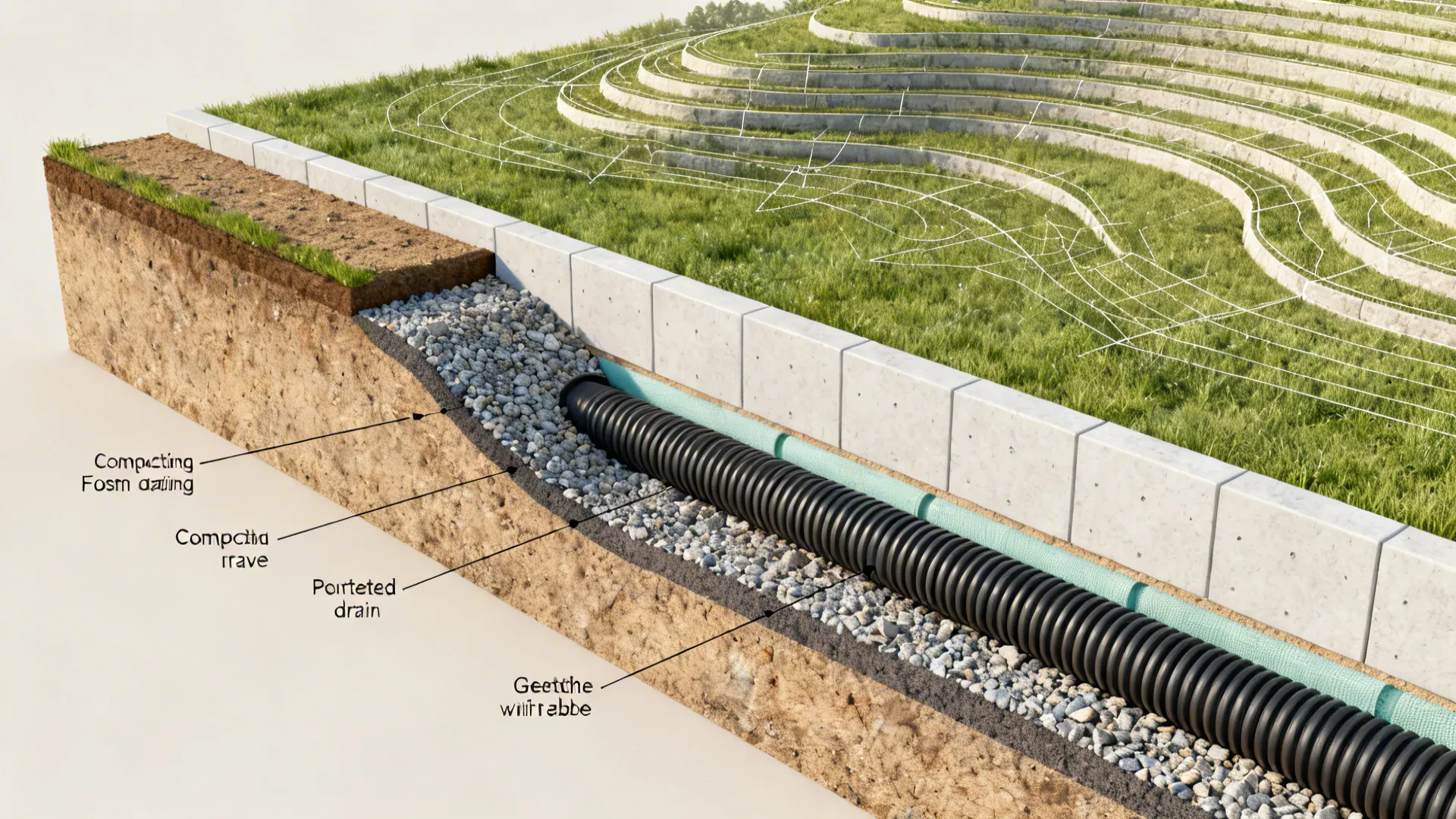Top-down style cross-section showing compacted layers, gravel drain pipe, and geotextile behind a retaining wall