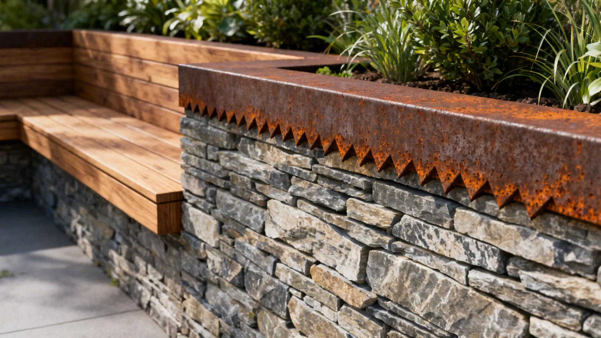 Detail of corten steel and stacked stone retaining wall with built-in seating and planters.