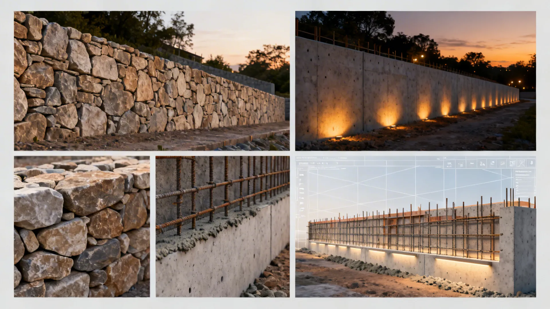 Collage showing stone walls and concrete walls with lights plus construction details for garden design
