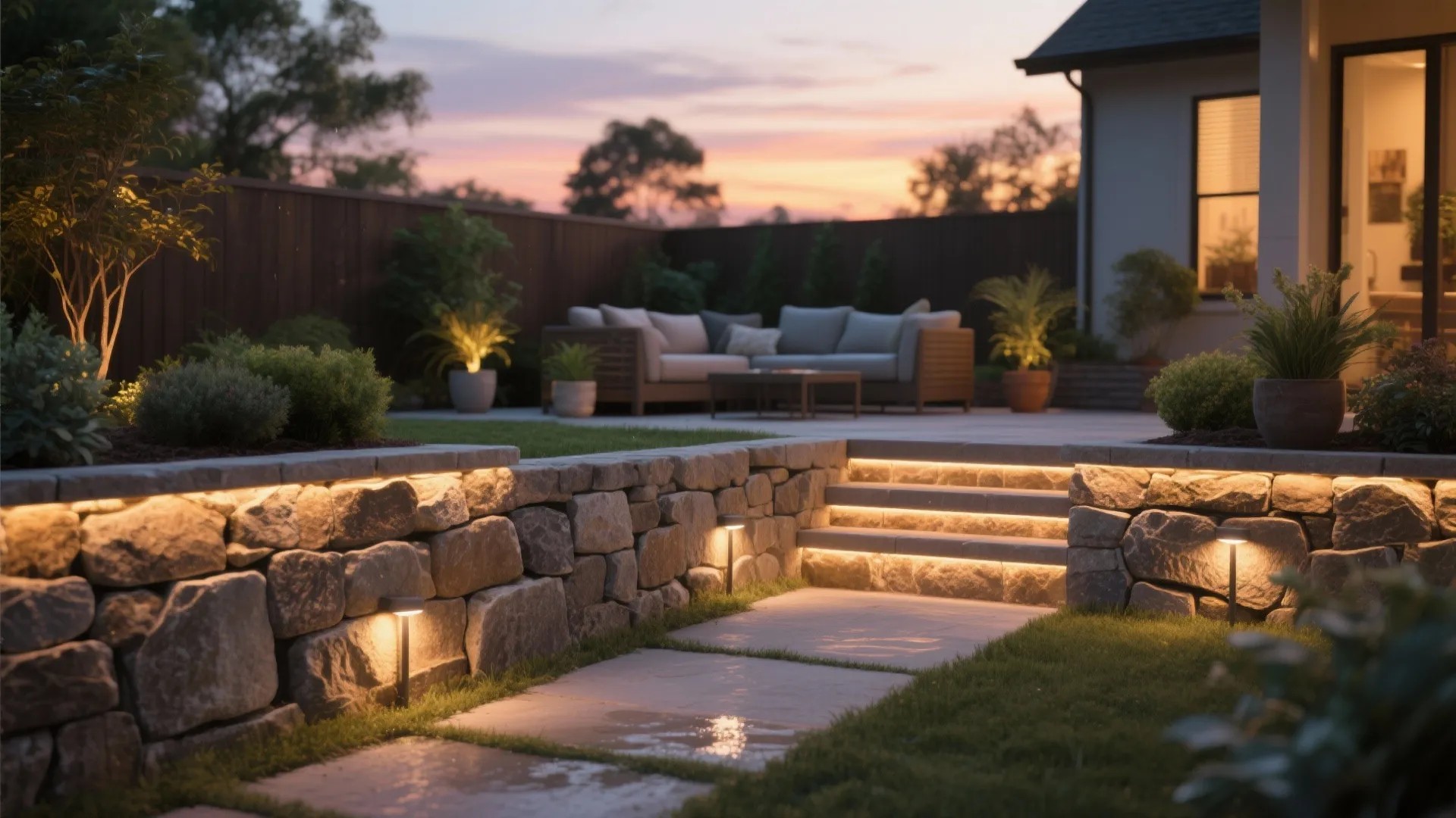 Modern backyard stone retaining wall with integrated light strips and stone steps during sunset time