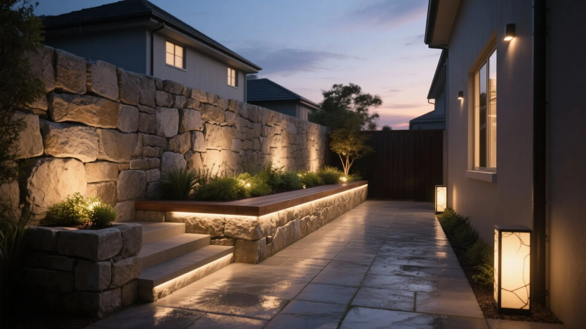 Outdoor stone wall with integrated lighting along a path near houses during a purple sunset