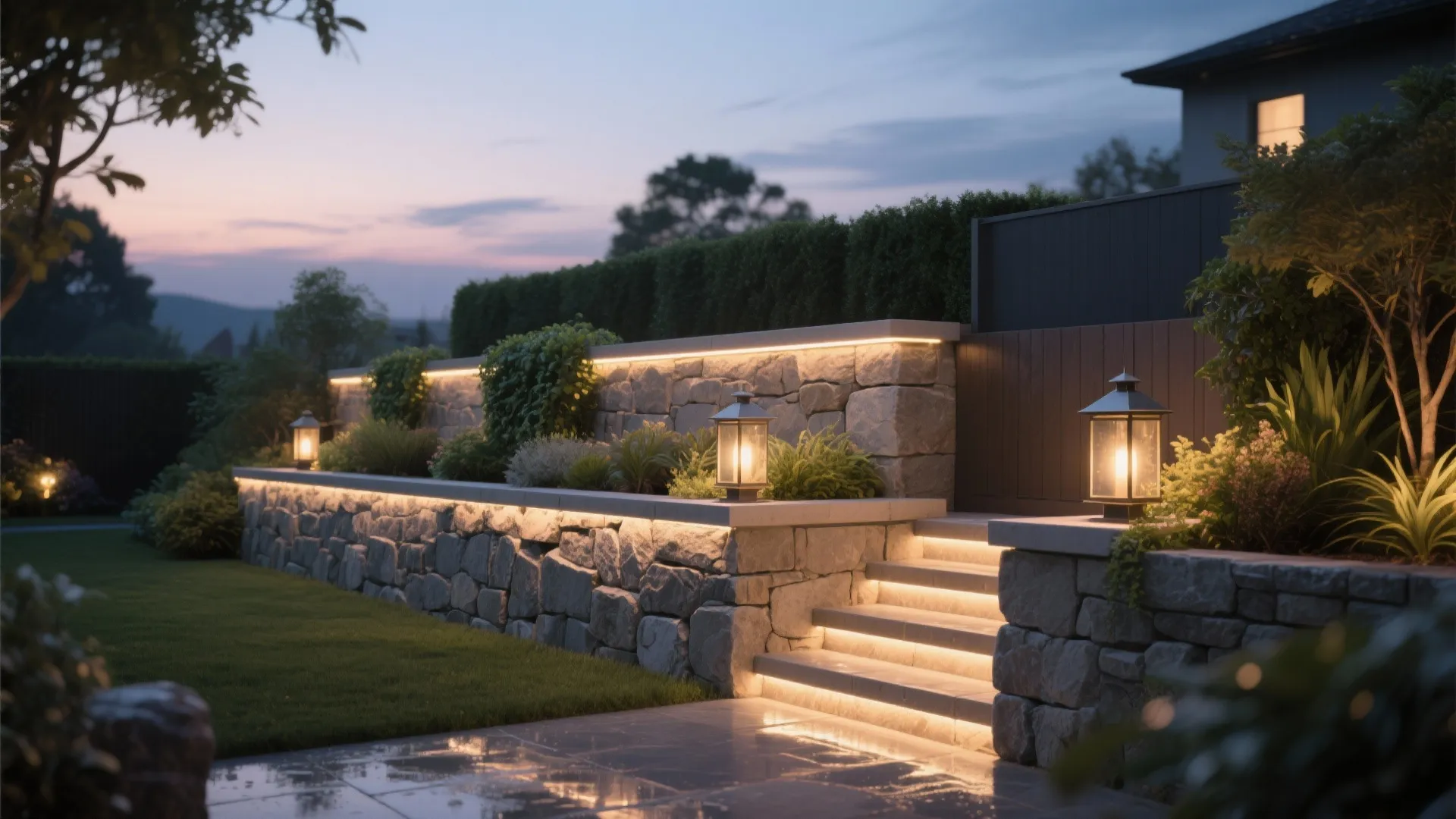 Modern garden stone wall with stairs featuring warm outdoor light fixtures and green plants night