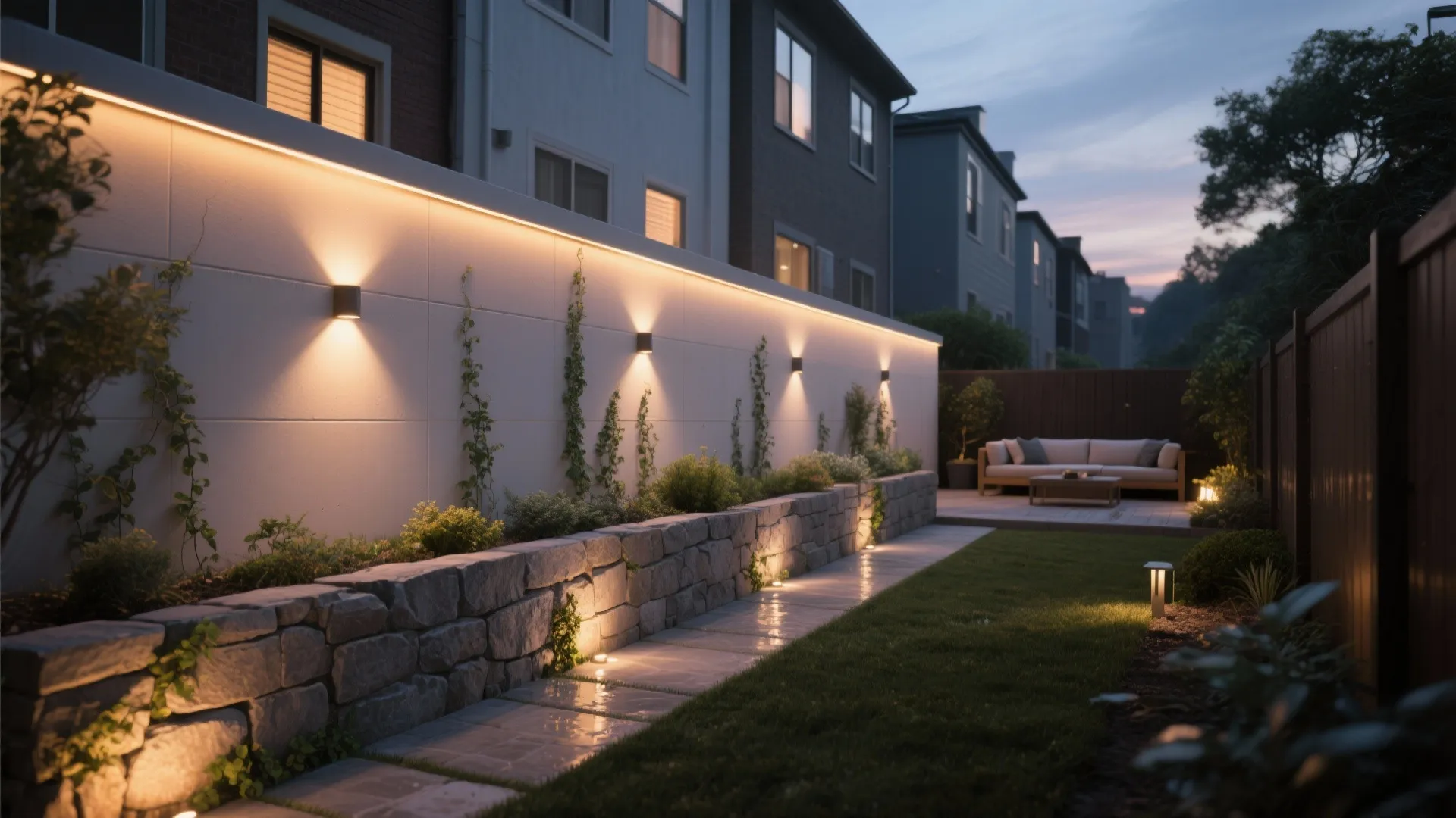 Outdoor wall light and stone path lighting in a modern garden with sofa and grass