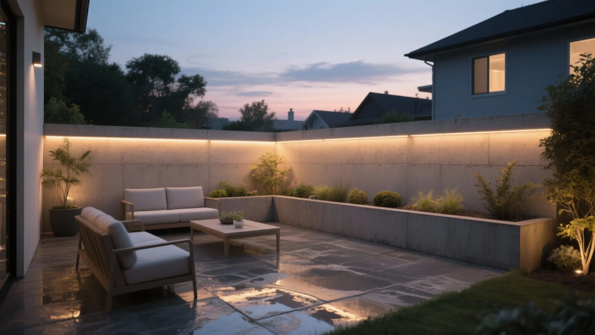 Modern outdoor patio at sunset with two sofas coffee table and warm strip wall lighting