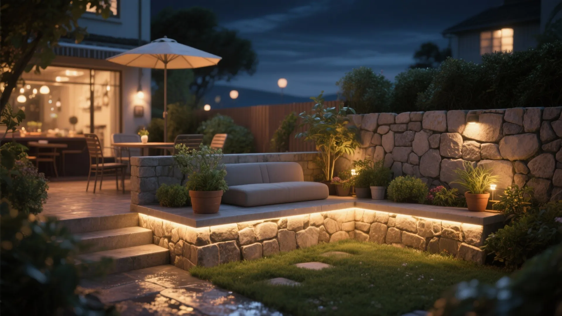 Cozy backyard patio with stone wall panel and warm light fixture for a garden sofa
