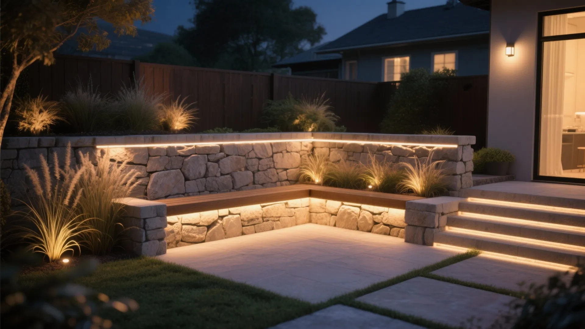 Modern backyard stone wall with warm light strips under bench and steps at night time