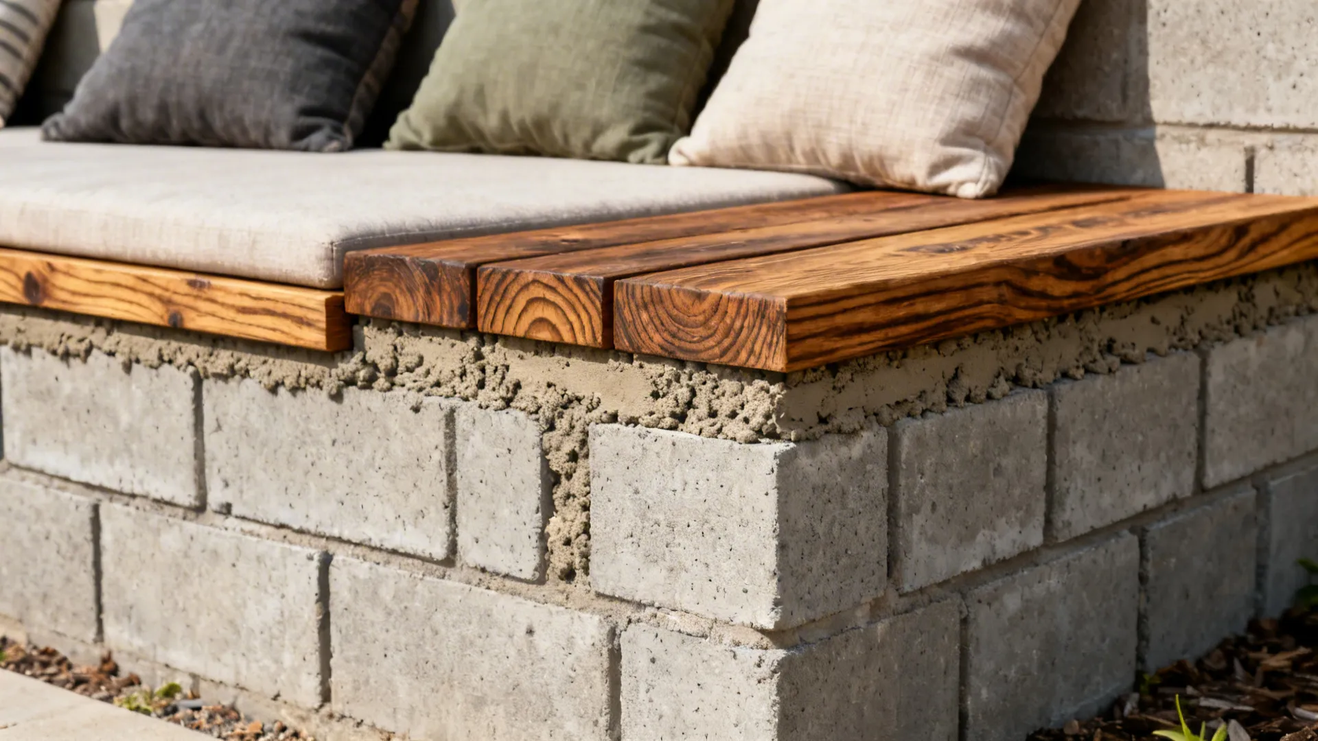 Short retaining wall with timber capping used as built-in bench seating