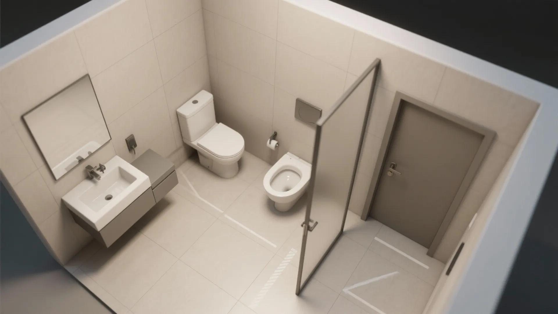 Interior design drawing showing a top view of a small bathroom with a toilet and sink