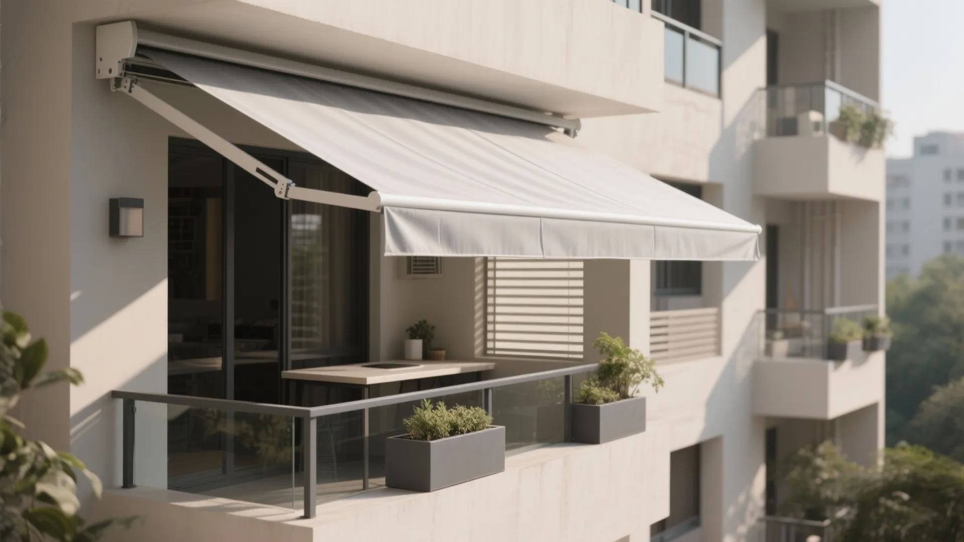 2) Retractable awnings with drop-down side screens