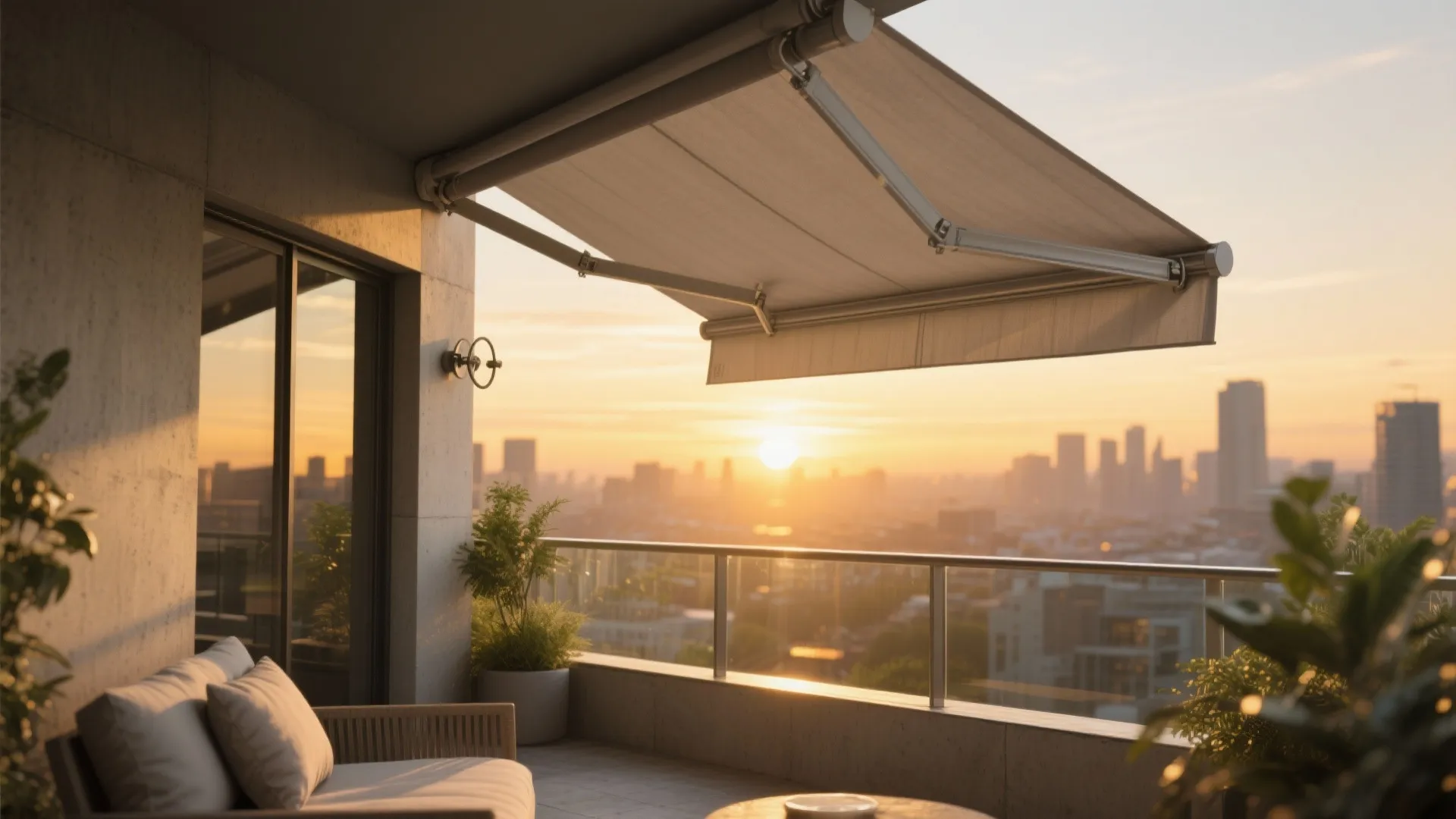 Outdoor balcony featuring a large retractable sun shade during sunset with sofa and city skyline