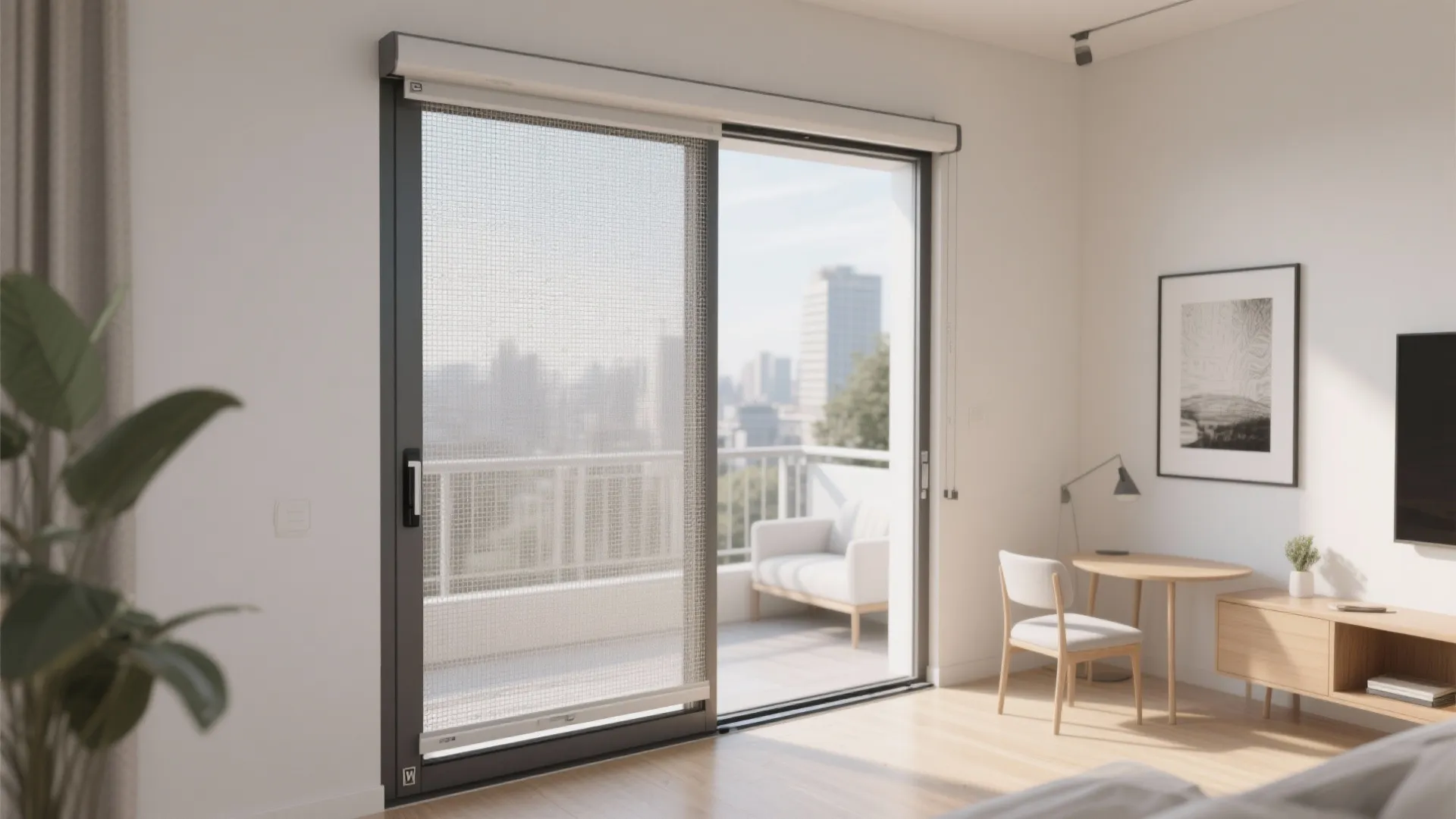 Bright modern room with sliding glass door mesh screen opening to balcony with city views