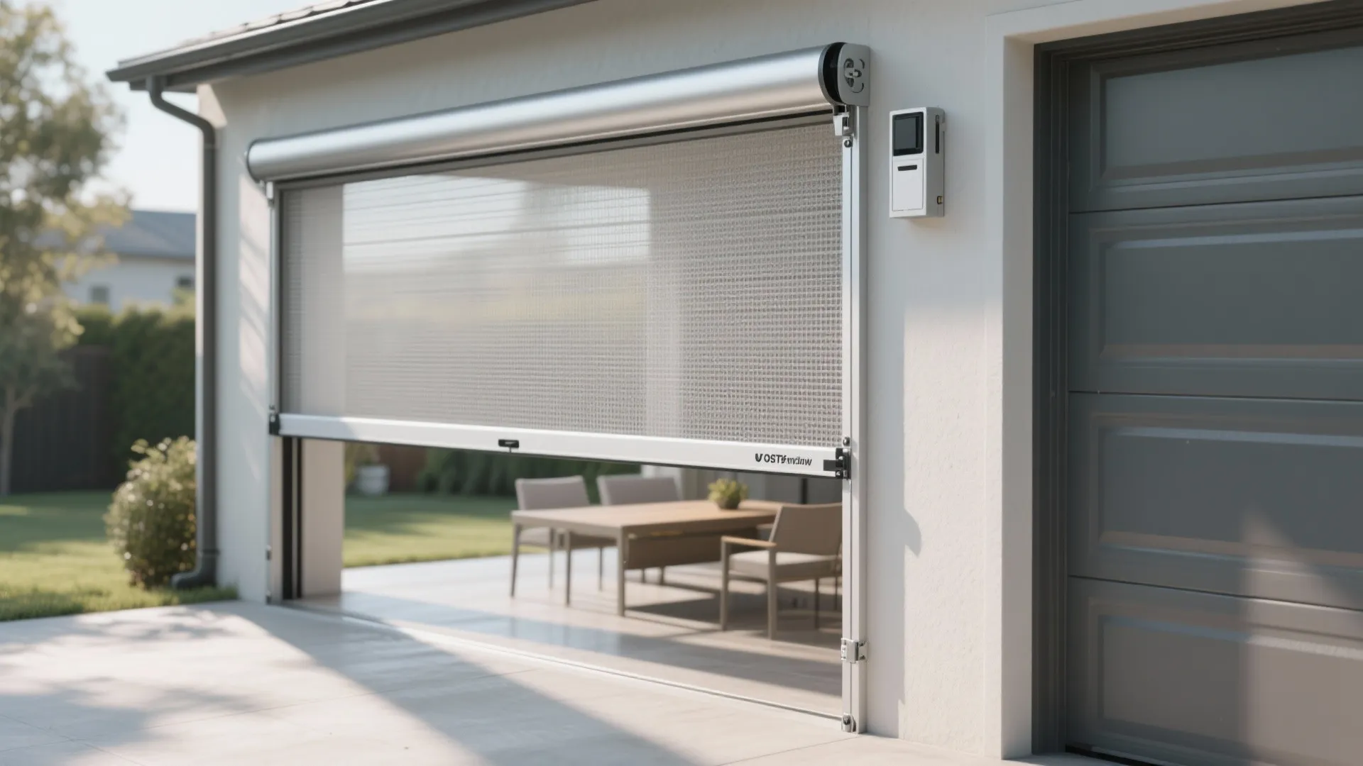 Retractable mesh screen partially lowered over a large door opening leading to an outdoor patio