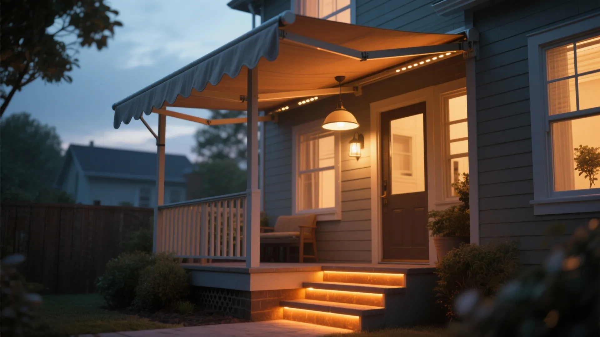 4. Retractable Awning and Layered Lighting