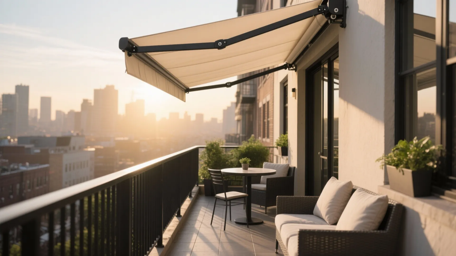 Modern balcony with retractable beige sun shade, comfortable sofa, small dining table, and orange city sunset