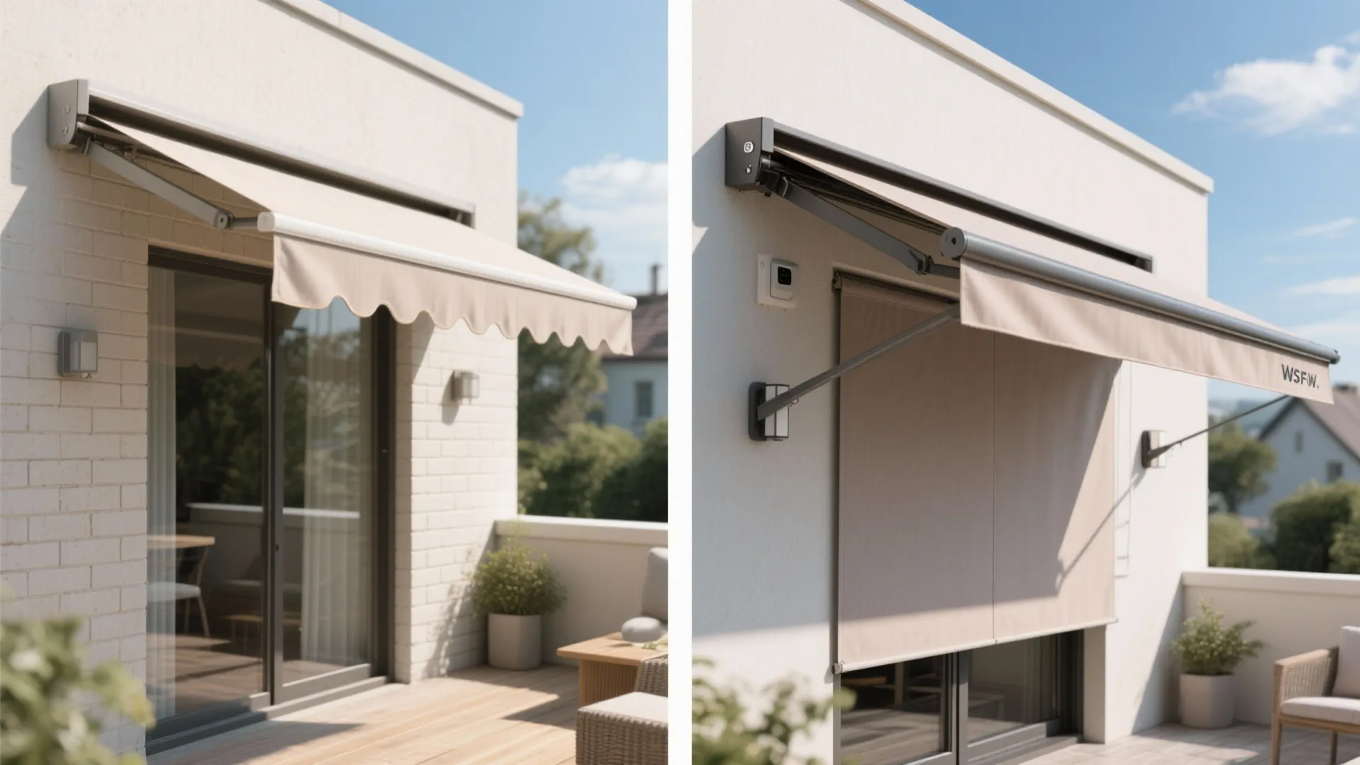 Side by side comparison of a beige retractable sun shade and a full window curtain