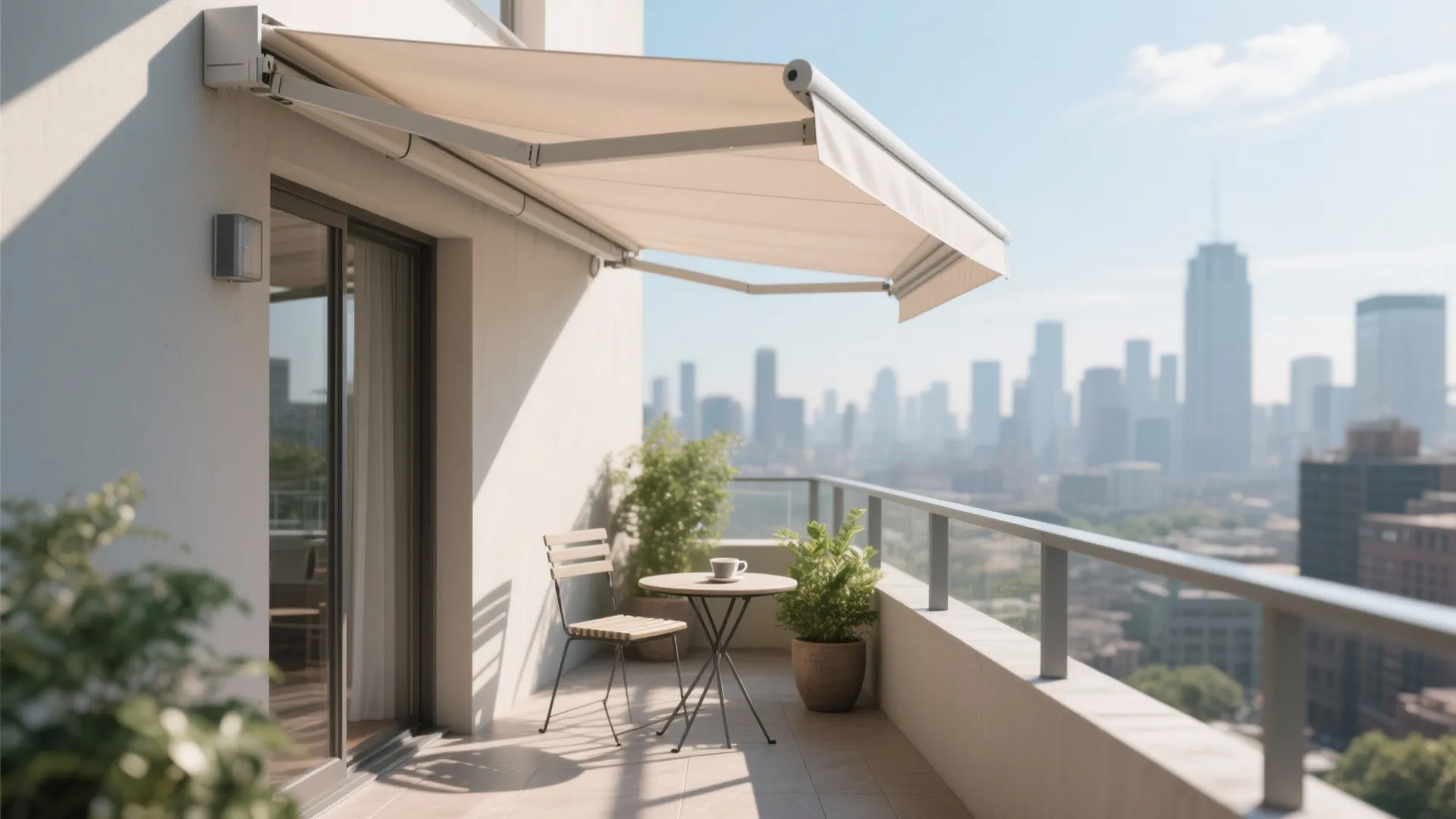 Small balcony with a light-toned retractable awning casting soft shade over seating and plants.