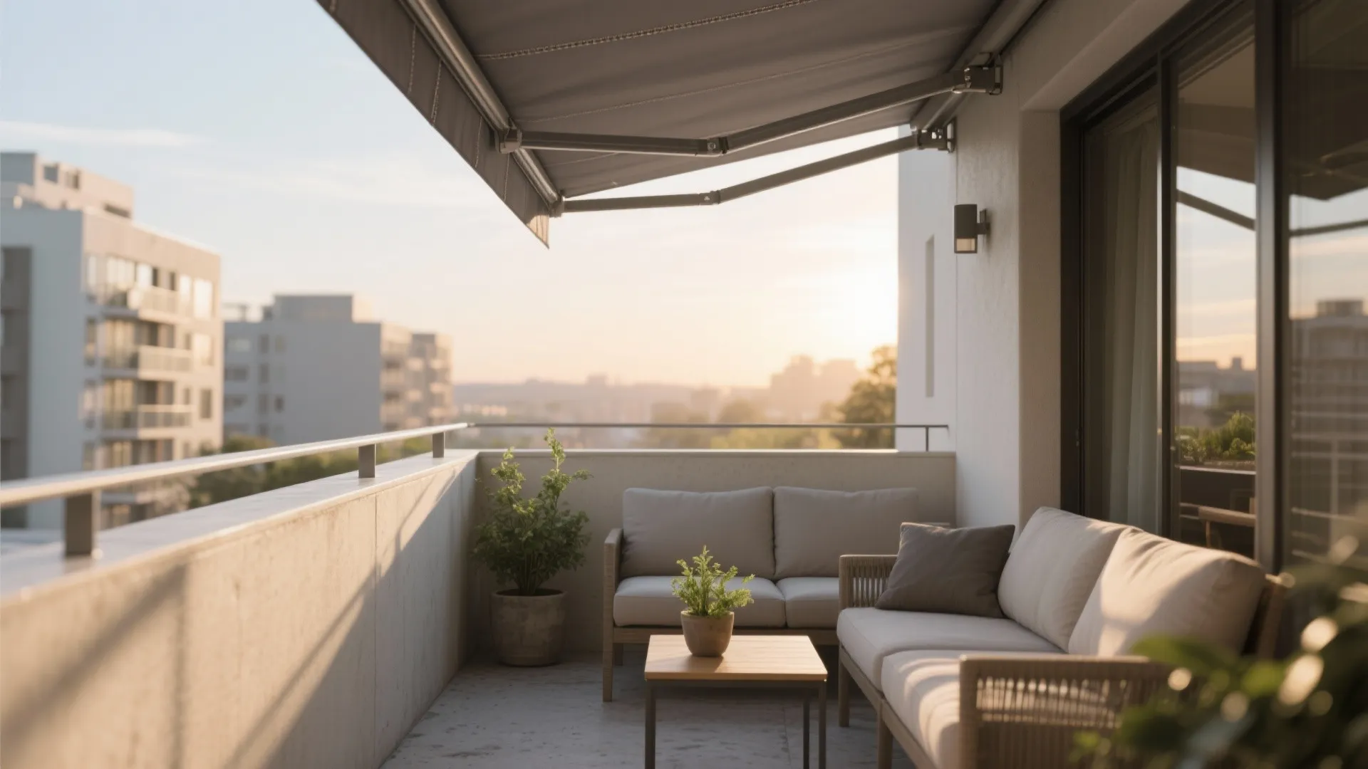 Outdoor patio with grey sofa wooden table potted plants and retractable sun shade during golden hour