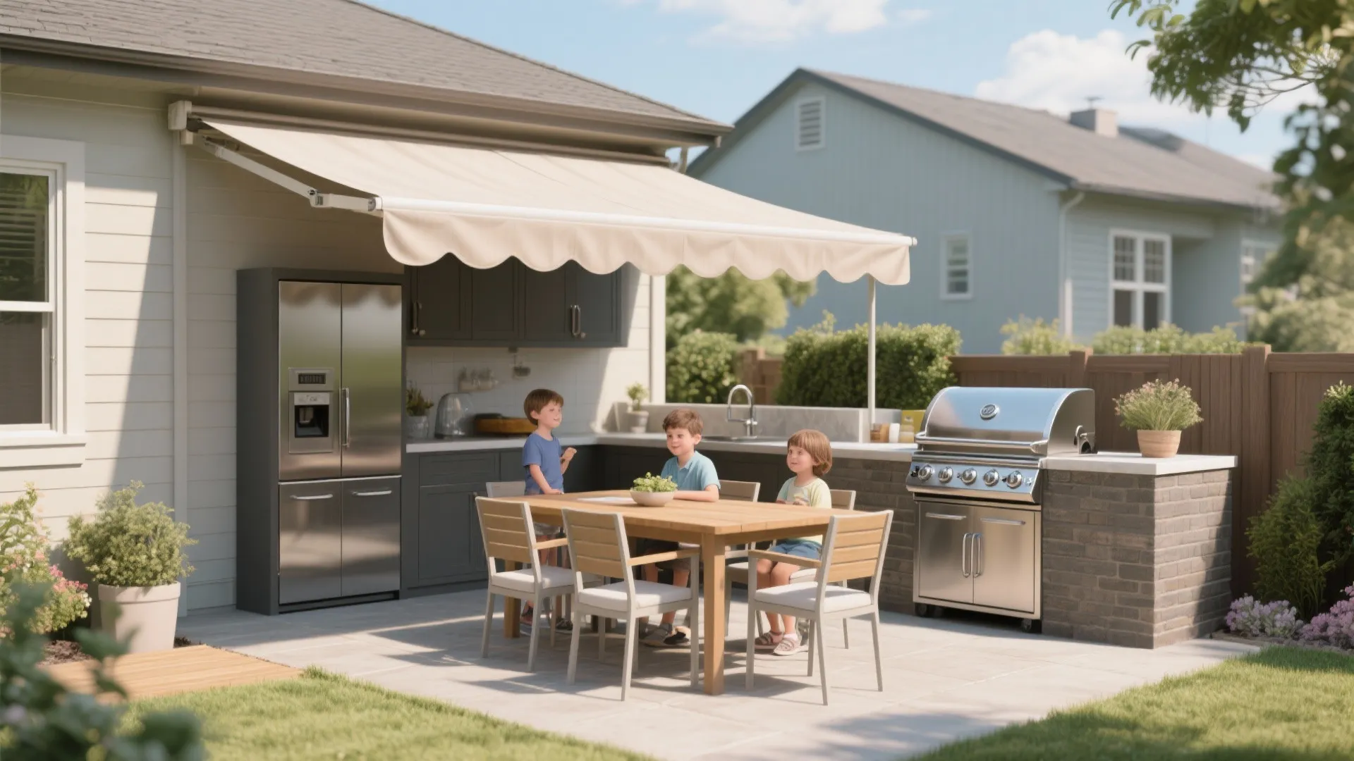 Outdoor kitchen with beige curtain cover dining table grill and kids sitting in the backyard