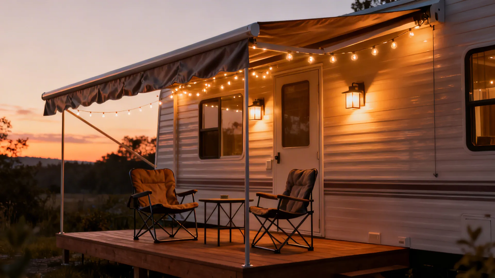 Retractable awning over a narrow porch with warm string lights and cozy seating