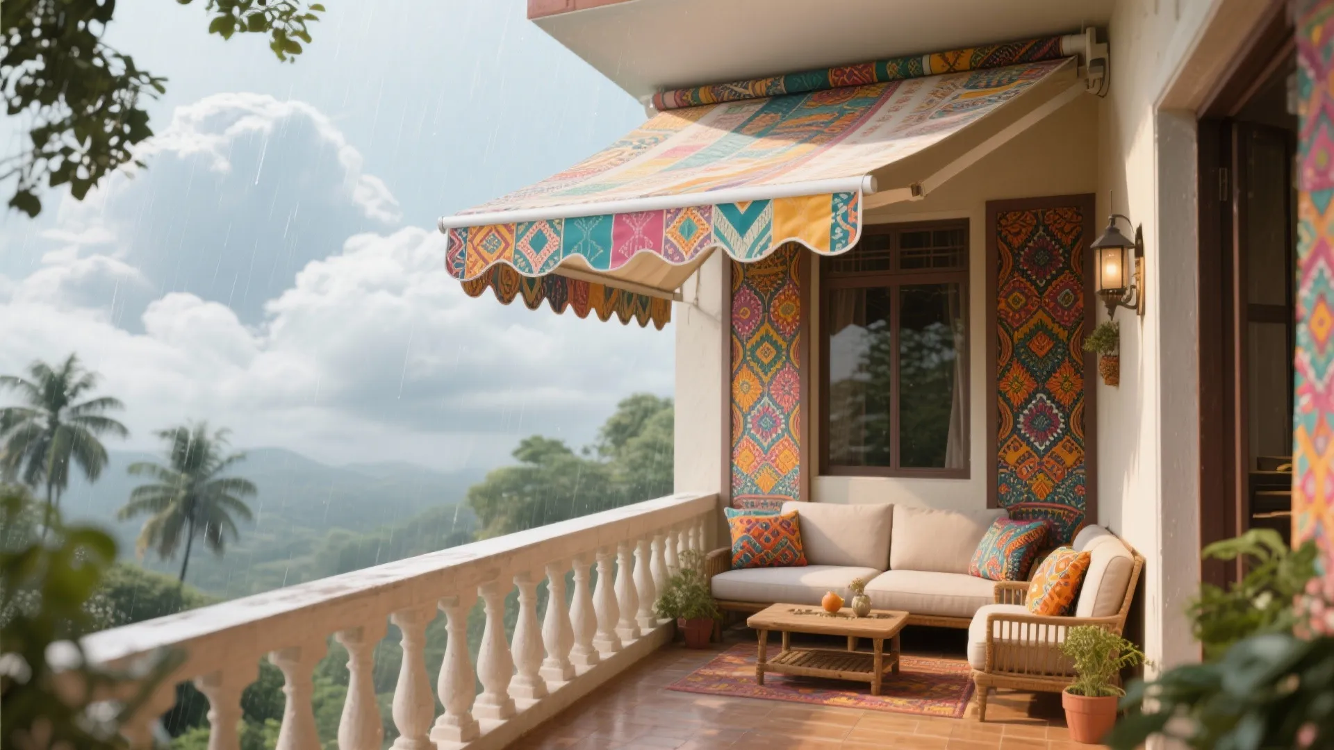 Colorful patterned retractable balcony awning over a white sofa with vibrant pillows and scenic mountain view