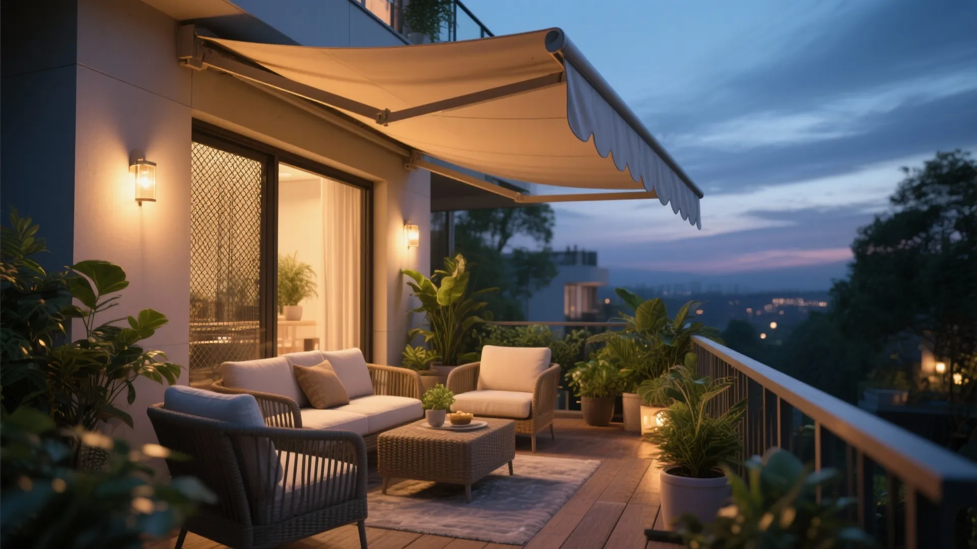 Cozy evening balcony with white retractable awning outdoor sofa warm wall lights and green plants