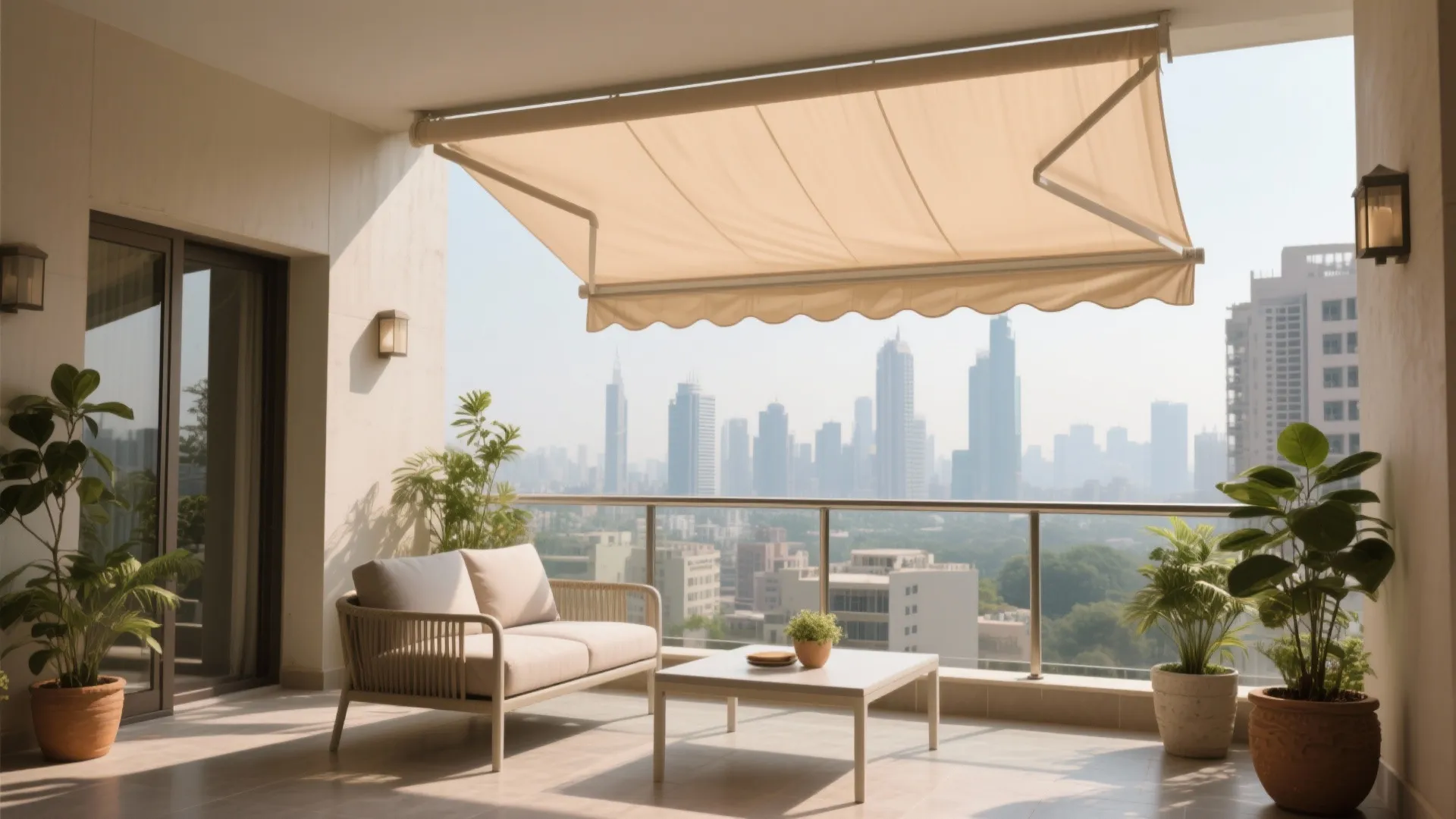 Modern balcony featuring a beige retractable awning with sofa and coffee table overlooking the city