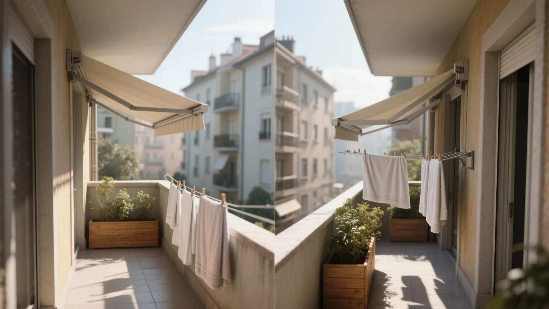 Sunny balcony with beige retractable awning wooden plant boxes and white towels hanging for drying