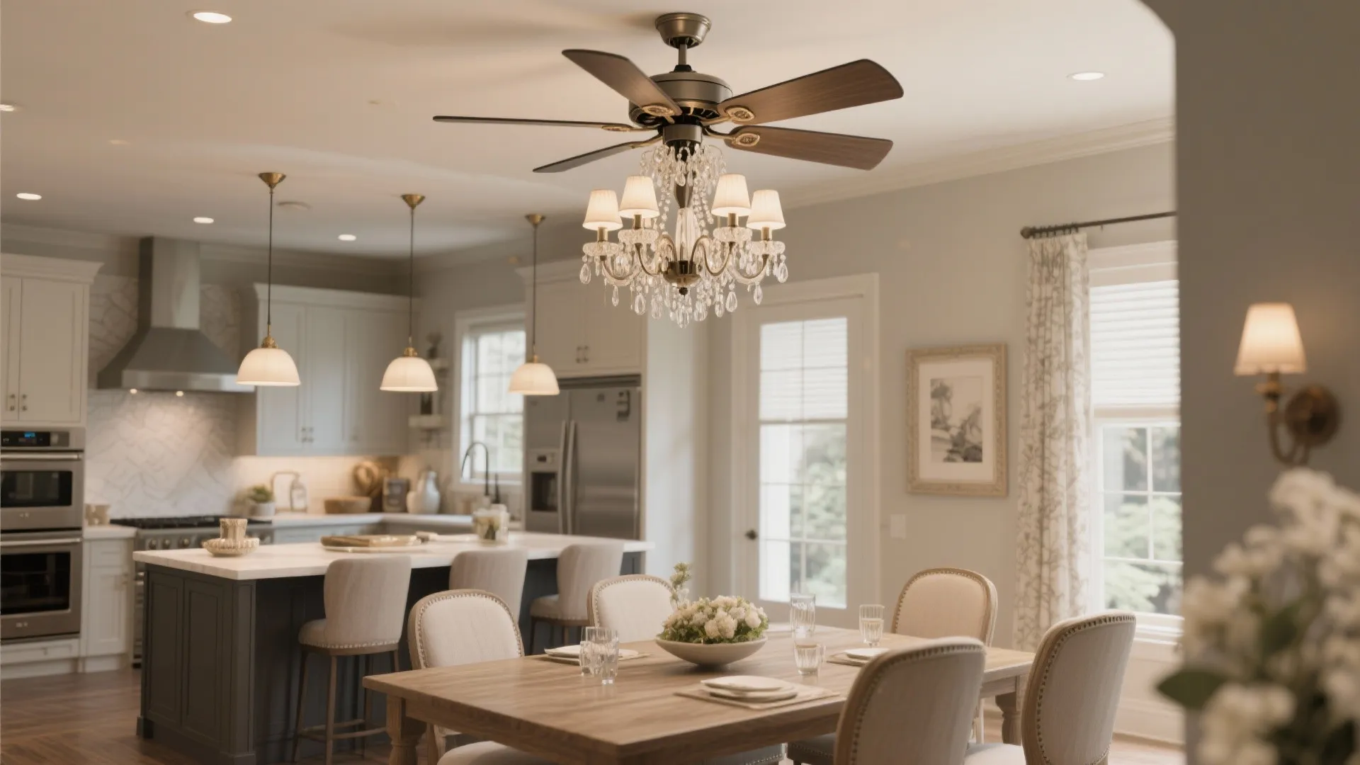 Elegant dining-kitchen with retractable blade ceiling fan