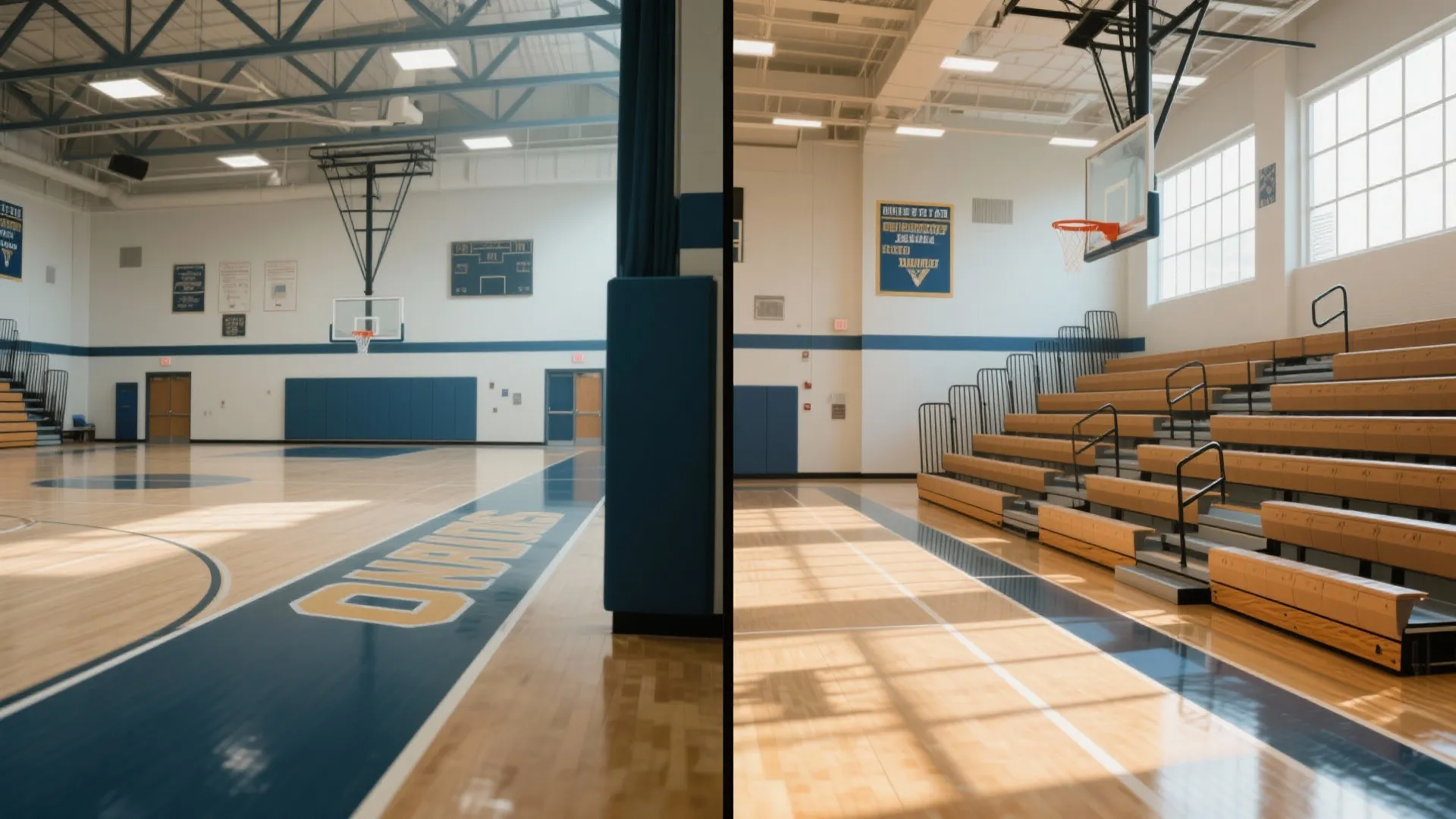 Side by side view of empty basketball court and wooden bleacher seating in school sports hall