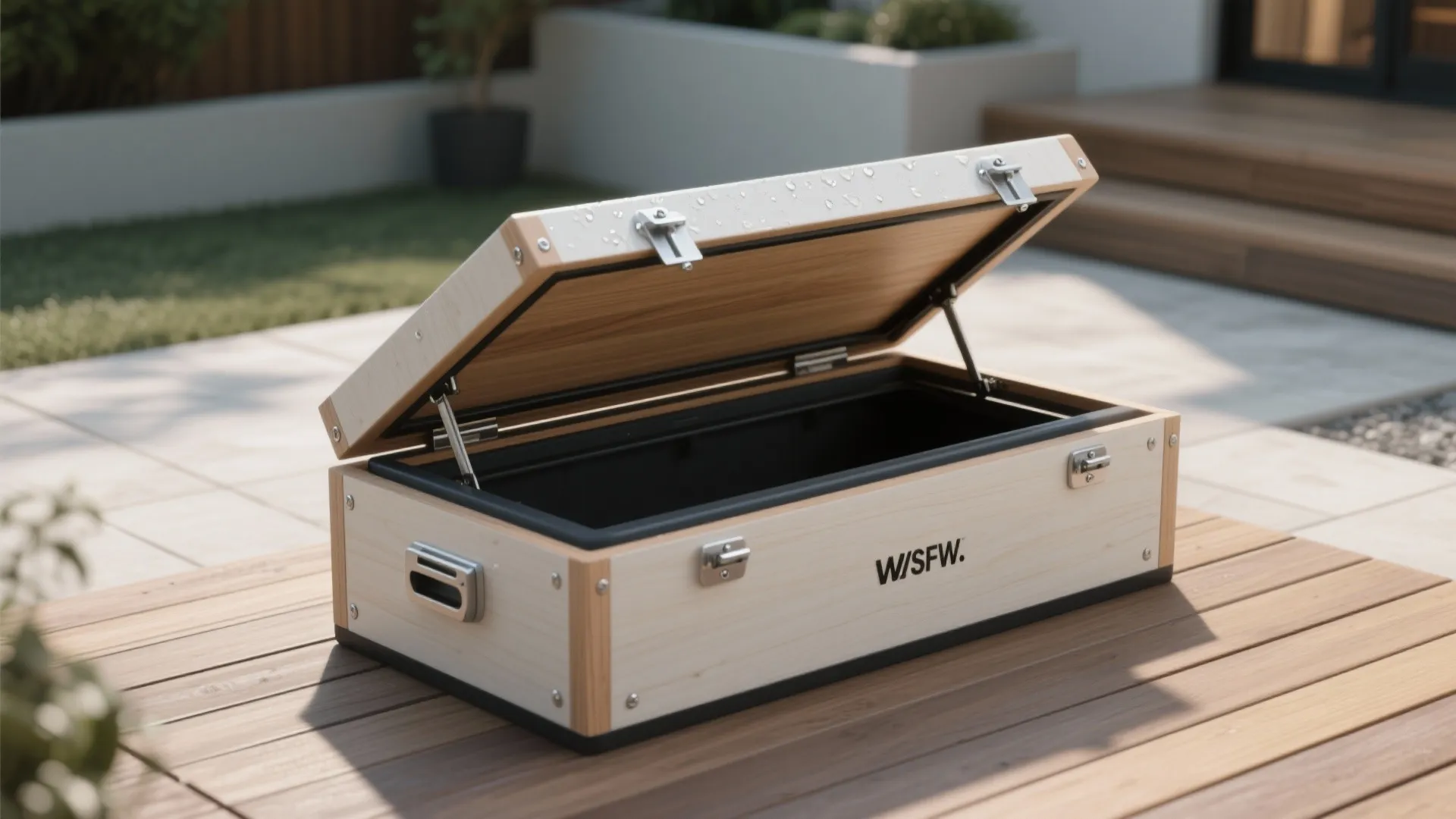 Open wooden storage box with metal latches sitting on a light wood outdoor garden deck