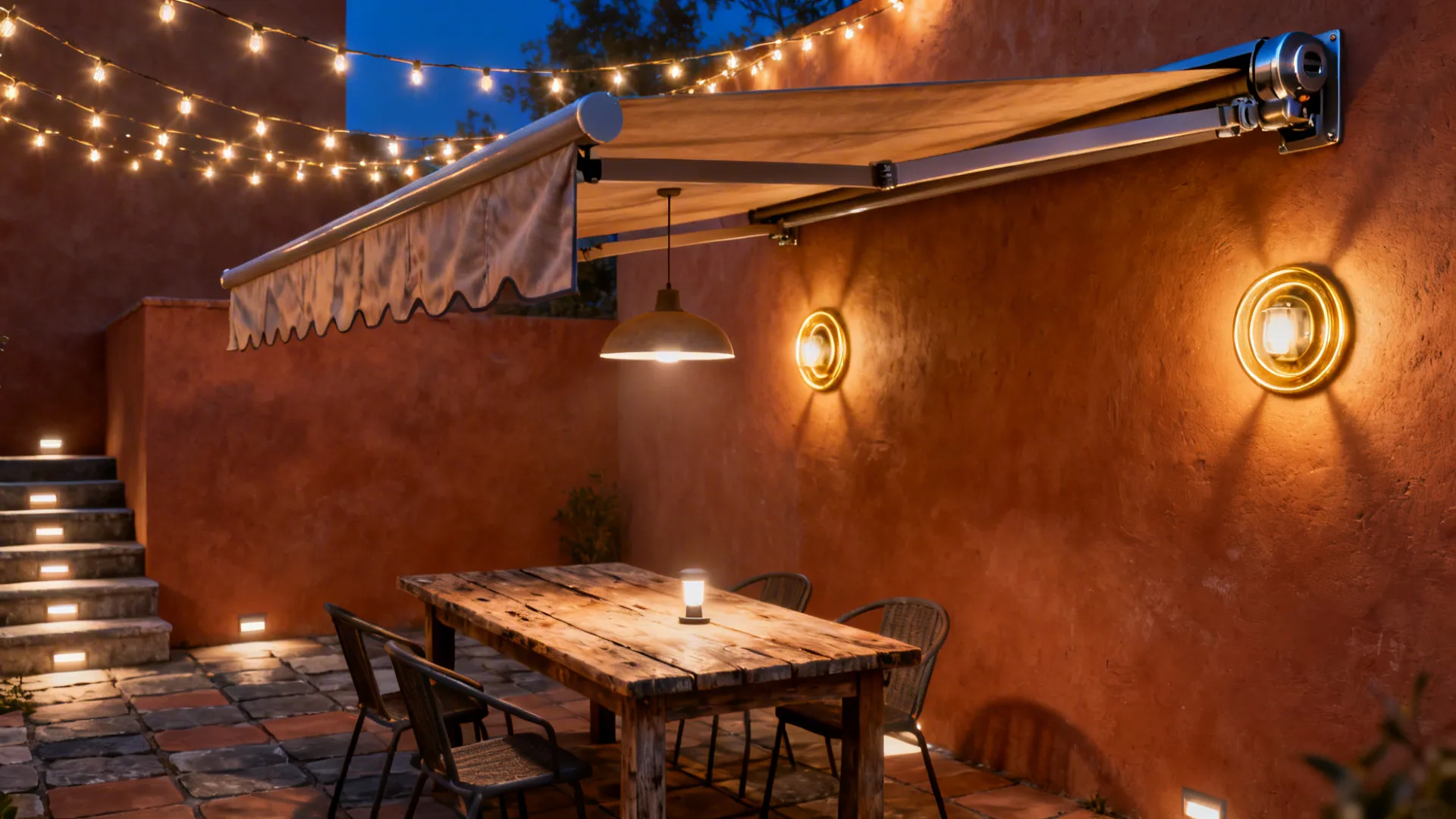 Tiny patio with a retractable canopy and layered smart lighting for evening use.