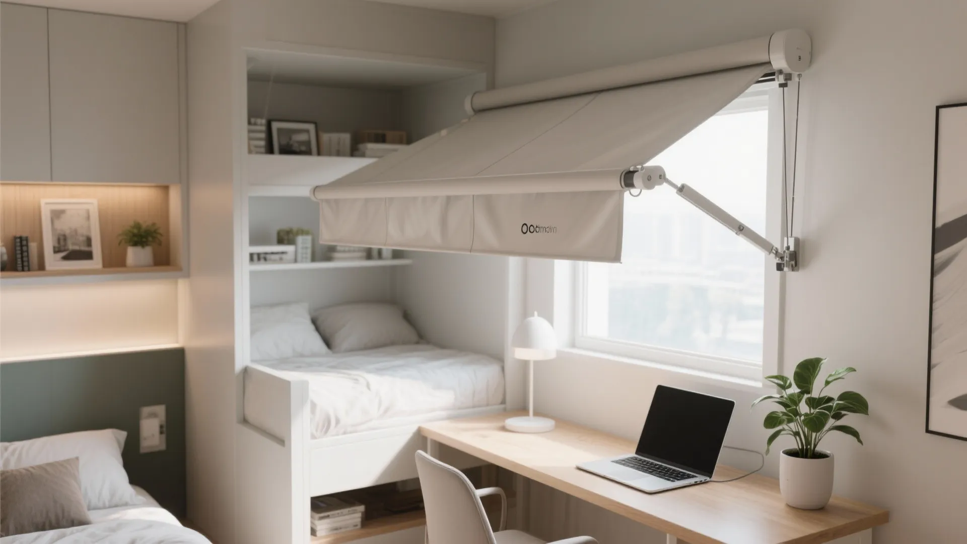 Multipurpose tiny room showing a retractable canopy folded away to create a daytime workspace.
